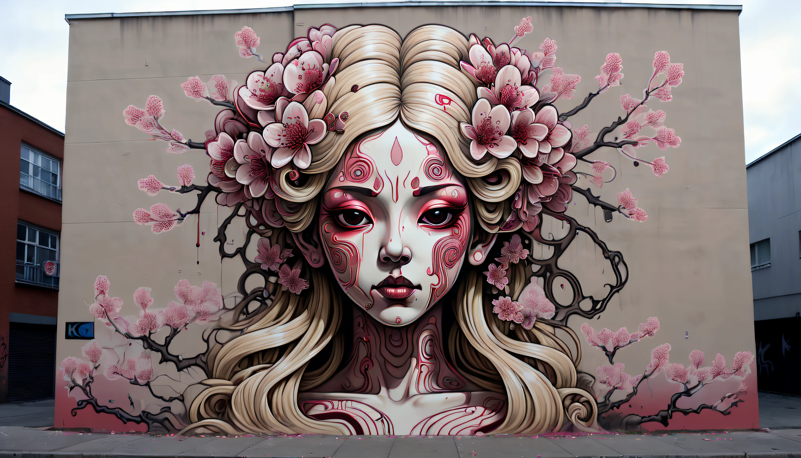 Hyperdetailed fuzzy-logic street art by (swoon : nychos: .5) entitled (" A French goddess called Cherry Blossom"), Blonde Night Queen, (koan), matte, understated, (meditative: 1.2), (harmonic), cerebral, (interconnected), (introspective), psyche, balanced and reciprocal, recursive, super-symmetry, [labyrinth], concept