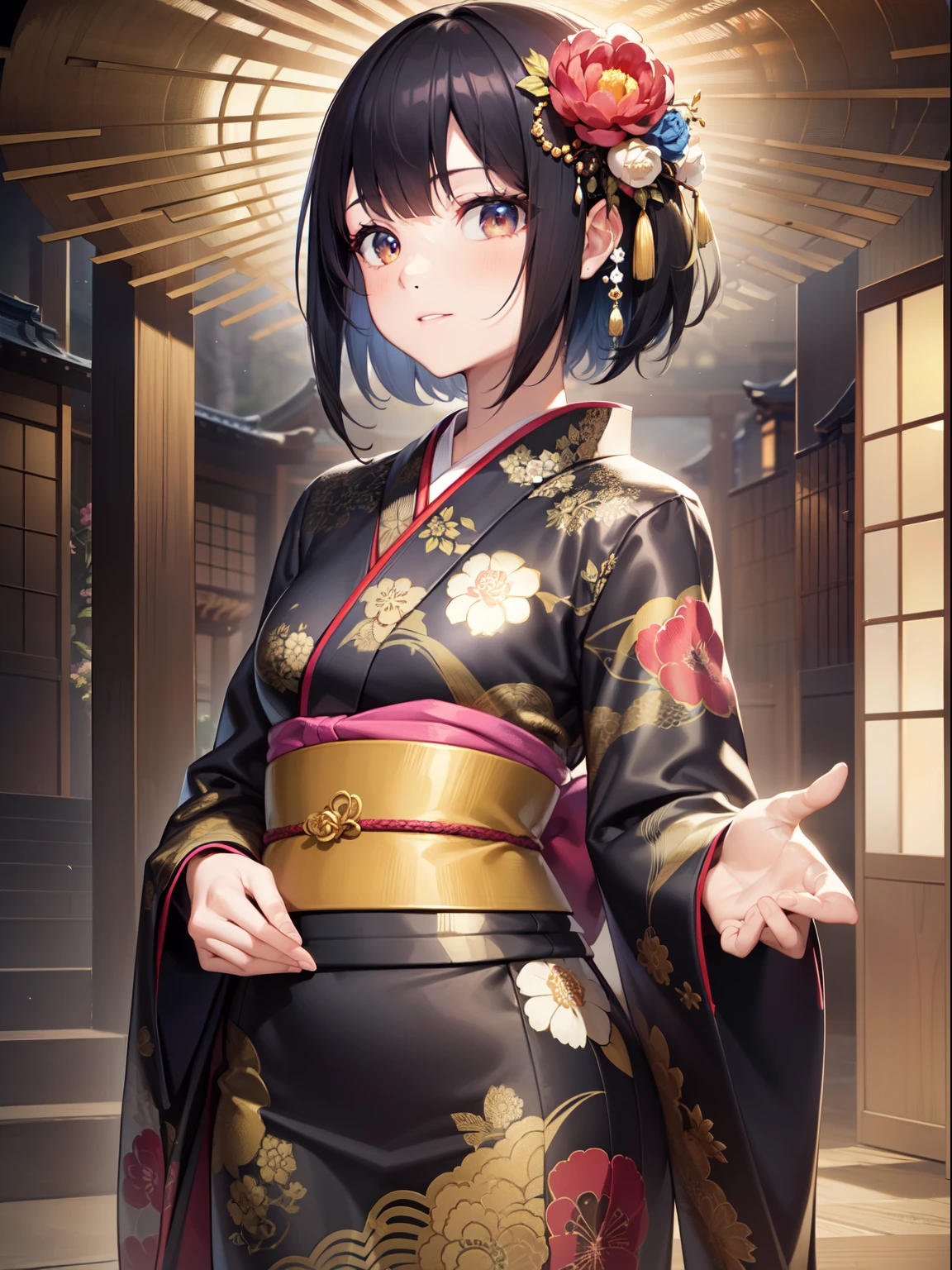 (Best Quality)), (Masterpiece), (Sharpness), 32k, (Best Quality Depiction), (Best Quality), Art, Detailed and Detailed CG Art, Detailed and Detailed CG Art, Detailed Human Body, Perfect Bright Lighting: 1.3, (Perfect Anatomy), (Flawless Body Depiction), Golden Ratio, Depiction of Perfect Woman, 1 Woman, (Japan Adult Female in Early Twenties), (Glossy Black Hair, Short Hair: 1.1), ( Beautiful shiny eyes),(Beautiful face with detailed detail), (Small:1.3), (Beautiful perfect kimono with detailed detail:1.4,Peony pattern), Looking into the distance, Japanese style garden