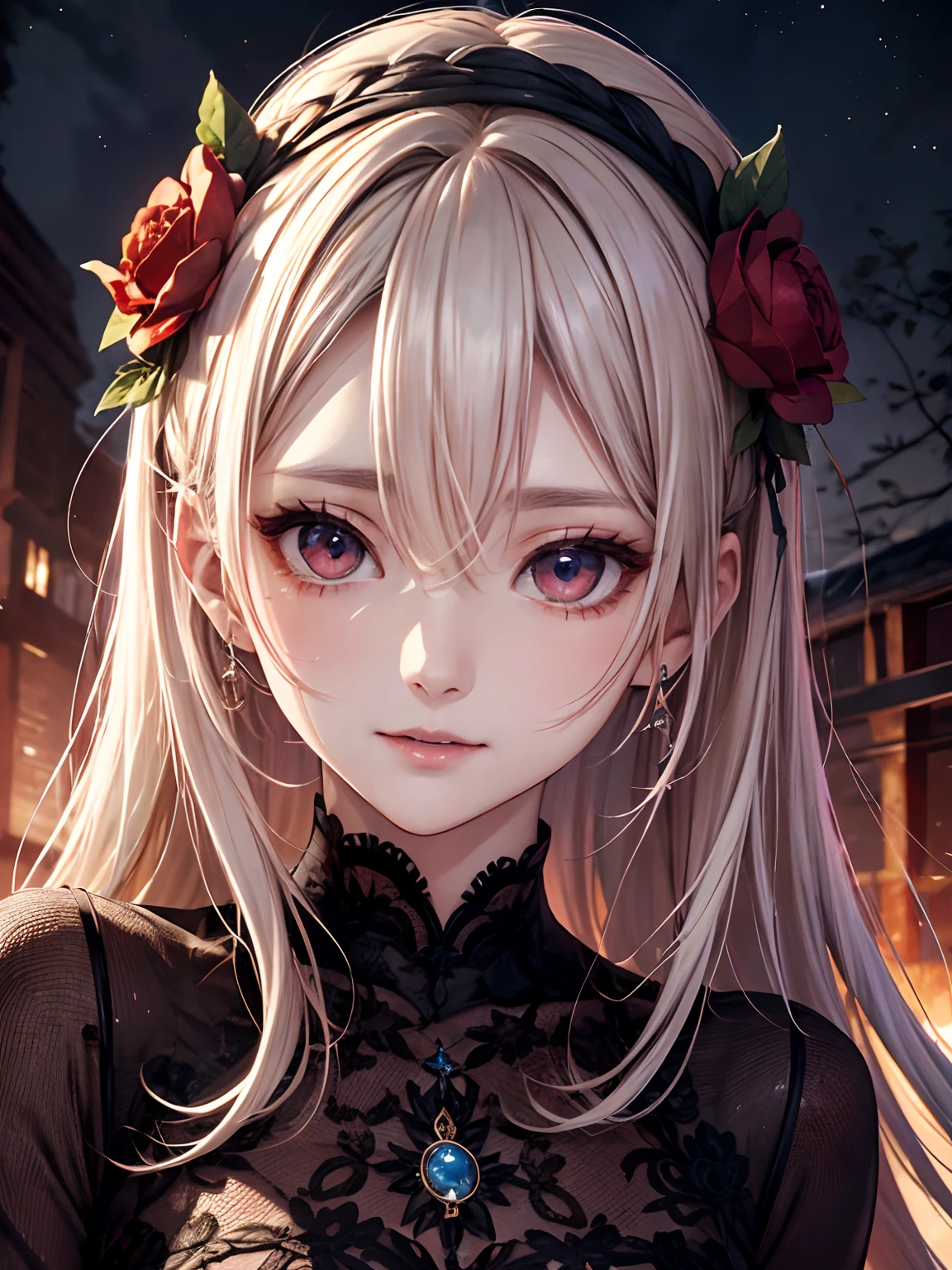 absurderes, ultra-detailliert,bright colour, extremely beautiful detailed face and eyes,top-quality、masutepiece、horor、Valley、cabelos preto e longos、red eyes、Return blood、Ruins、starrysky、Red Moon