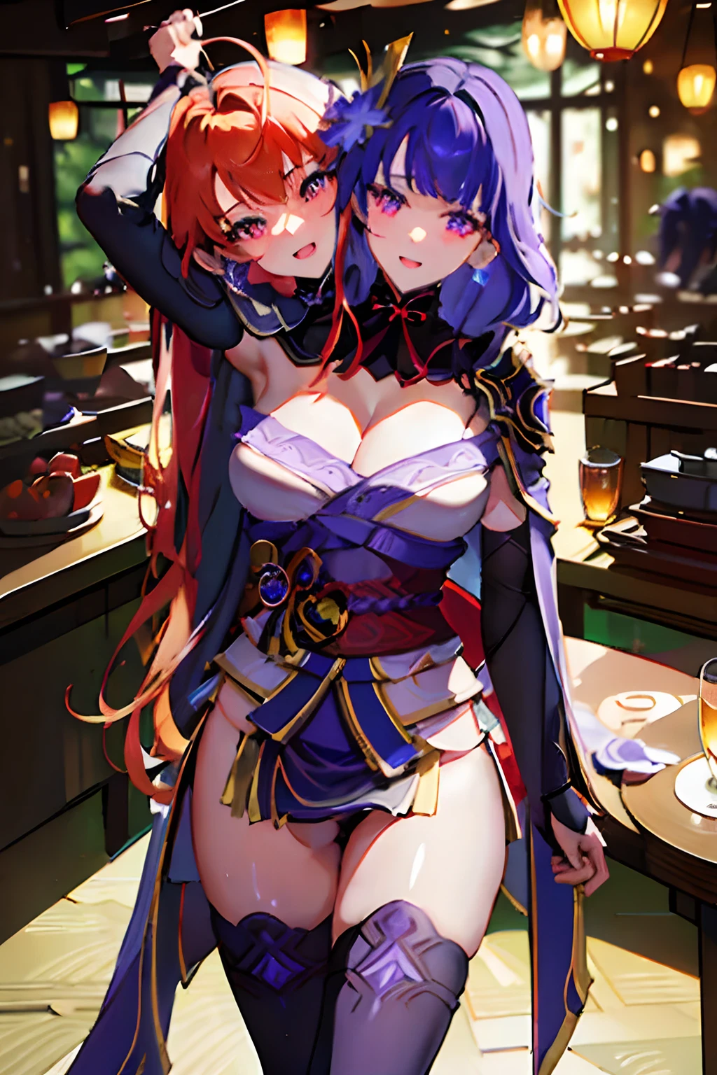 (masterpiece, best quality), best resolution, (2heads:1.5), 1girl, raiden shogun character, armor, bangs, breasts, cape, cape lift, earrings, gloves, hand on hip, headband, jewelry, long hair, looking at viewer, open mouth, orange hair, red eyes, shoulder armor, smile