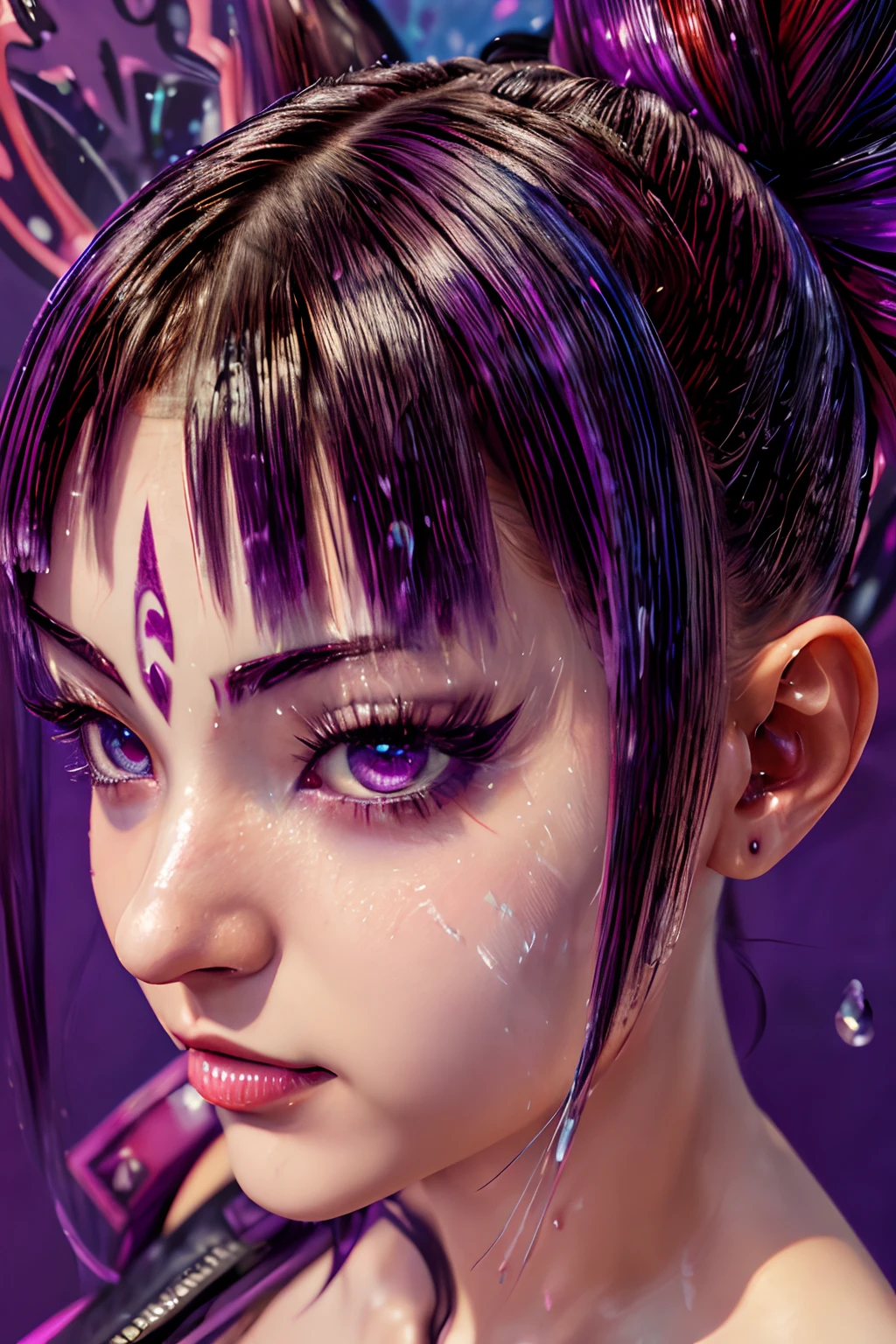 masterpiece, best quality, (extremely detailed CG unity 8k wallpaper, masterpiece, best quality, ultra-detailed, best shadow), (detailed background), (beautiful detailed face, beautiful detailed eyes), High contrast, (best illumination, an extremely delicate and beautiful),1girl,((colourful paint splashes on transparent background, dulux,)), ((caustic)), dynamic angle,beautiful detailed glow,full body, paint splash on face.  close up of a woman, , realistic anime 3 d style,  seductive anime girl, anime realism style, attractive anime girl,beautiful alluring anime woman, looking Juri Han, ((Juri Han))  Juri Han of Street Fighter, whole body,