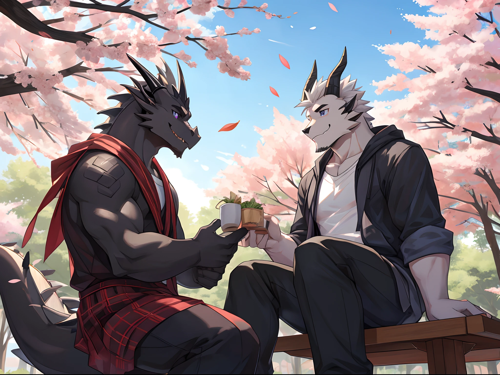 (Best Quality), Duo, 1Male, (Furry Gray Dragon), Blue Eyes, White Medium Hair, Casual Clothes Set, Strong Fit Body, Good Looking, 1Male, (Furry Black Dragon), Purple Eyes, Black Medium Hair, Black Facial Hair, Casual Clothes Set, Good Looking, Strong Fit Body, ((Gray Dragon Sitting With Black Dragon)), Embrace shoulder, Sitting near Sakura Trees, Sakura Leaf Falling, happy, Comfortable, Warm, Joy Expression, Morning, Park Background