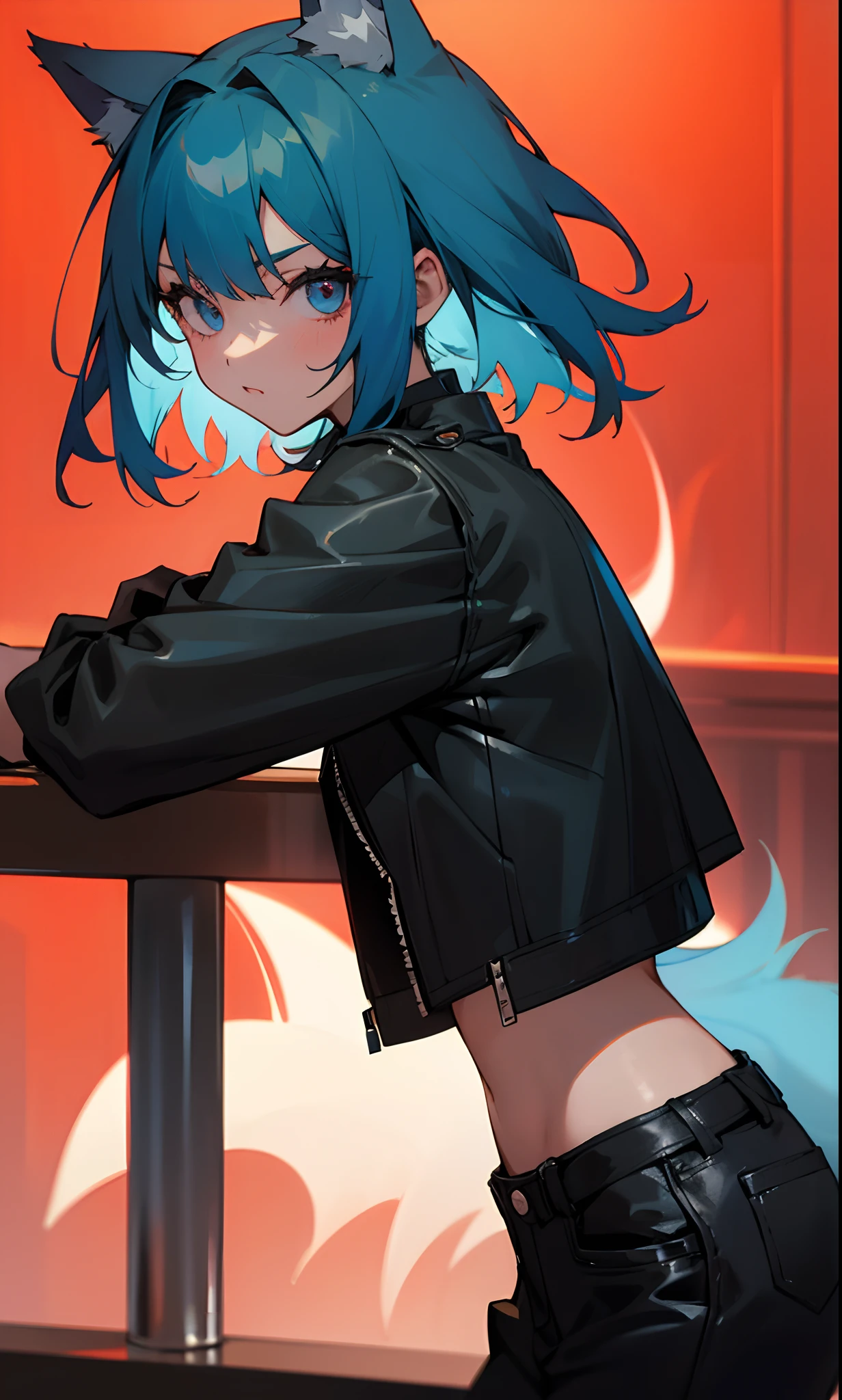 A girl with half-blue hair, whose hairstyle is wolf cut and in the style of 90s anime, is wearing a black top with a black leather jacket, and that girl is in a bar with red lights