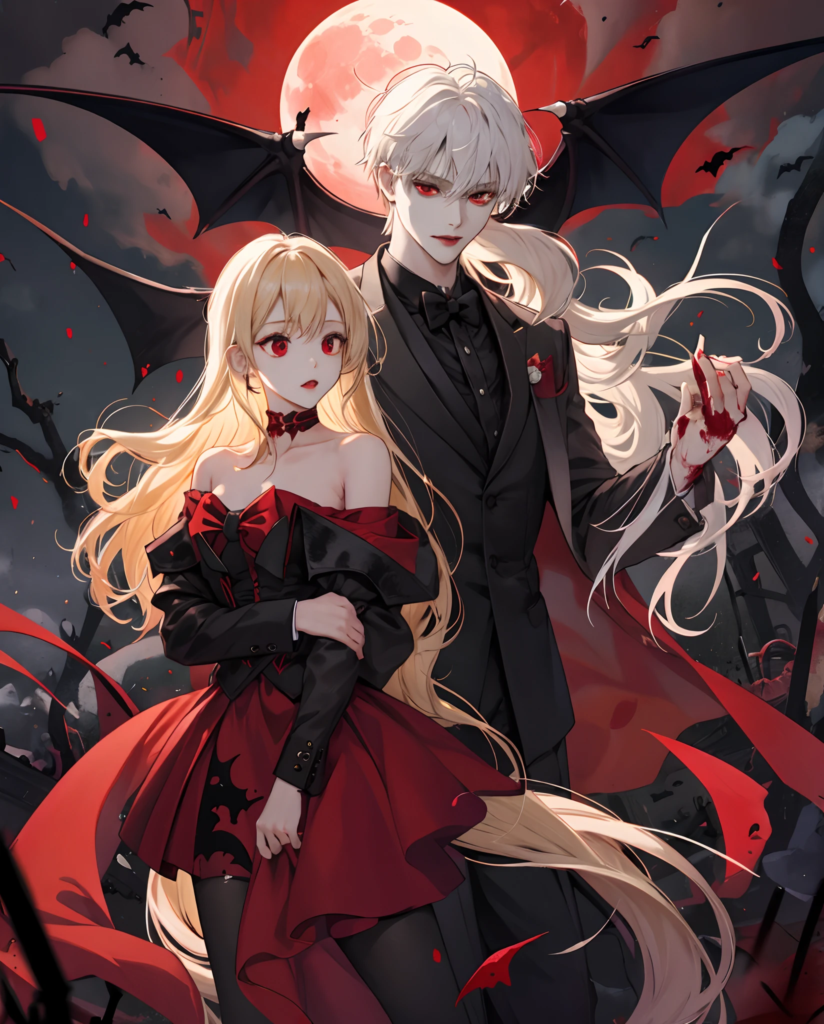 Bat girl with long red eyes with white hair、doress、Red Moon Blonde Girl One、red eyes、Vampire、doress、off shoulders、Red Moon、Midnight、Black tuxedo、Return blood、Blood Rain、bloods、Blood pools、Blonde Long