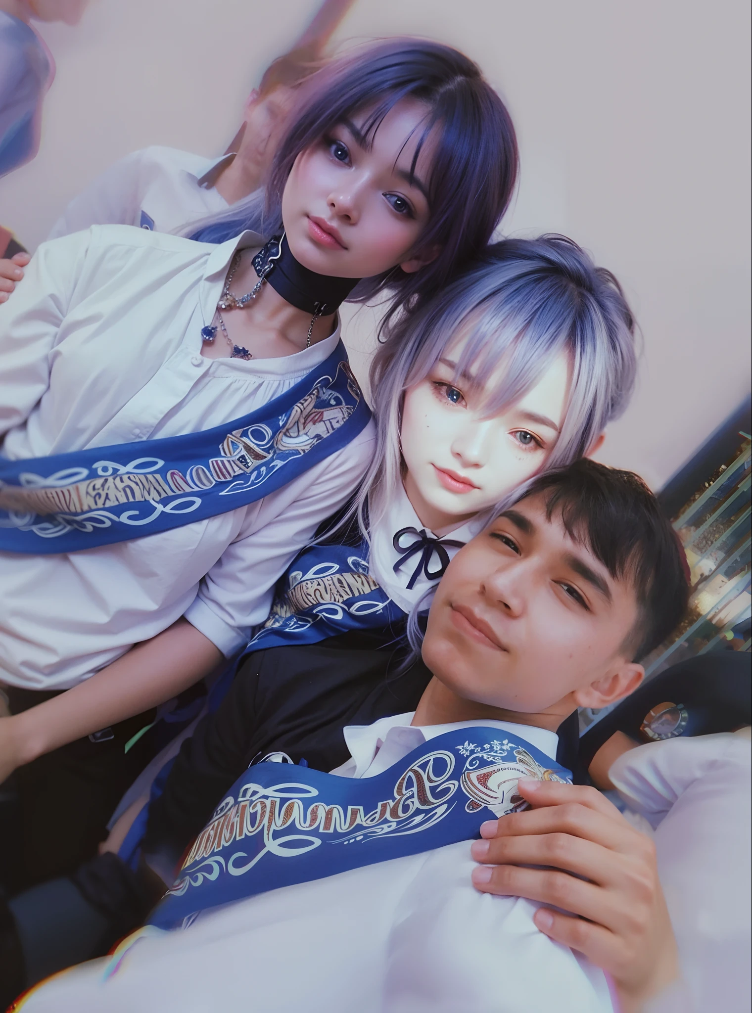 1boy and 2 girl selfie, beautiful girl, beautiful face, detailed,