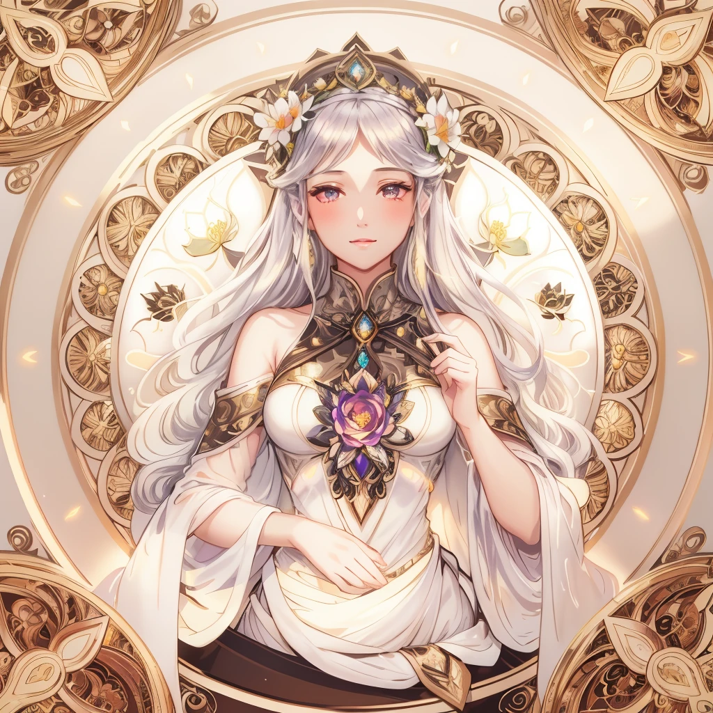 Facial portrait of a European woman,with long coiled hair,whaite hair,Long white hair,Floral frame,Decorative panels,abstract artistic,Alphonse Mucha(tmasterpiece,best qualtiy,A high resolution:1.4),A detailed,complexdetails,4K,splash of color,line art,Fibonacci,sorceress woman,Wizard's Hat,book,Golden eyes,Golden-colored eyes