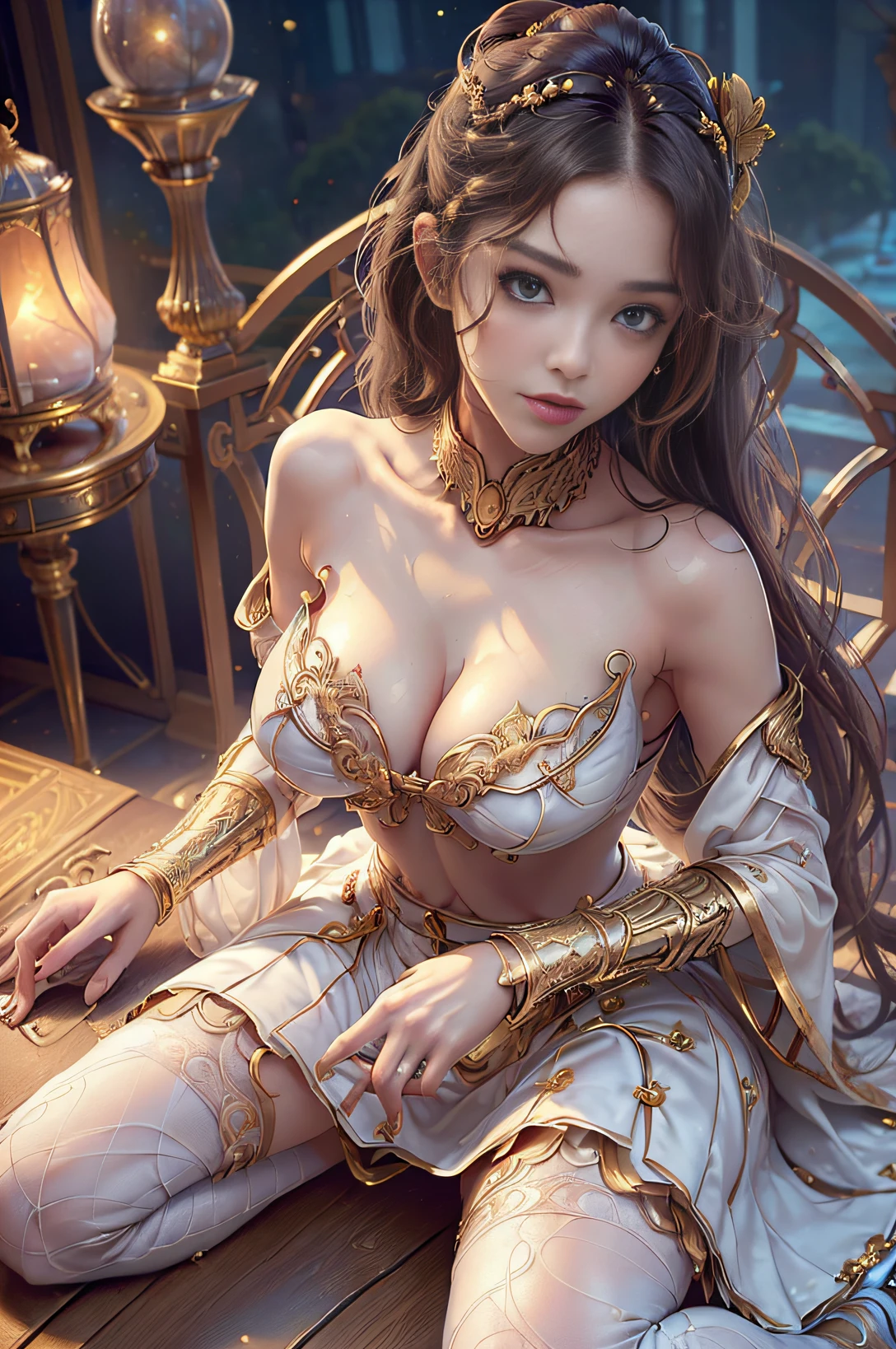 photographrealistic, (8K, Raw photo, Best Quality, masutepiece:1.2), high-definition RAW color photography, professional photograpy, ((Upper body:1.37)), (Realistic, photographrealistic:1.37), Cinematic Light, (finery detailed face:1.2), White skin, Real Human Skin, (Detailed face), oval-face, pores, 超A high resolution, BREAK, Thigh 1 girl, Very cute, Very beautiful, photographrealistic, Beauty Event Companion, 18〜28 year old, slender:1.15, Abs, (huge-breasted:1.5, Big Breast:1.5, Big cleavage:1.5), (Look straight at the viewer with calm, goddess-like happiness:1.2, Stylish Model Pose:1.3, arms behind back), (beautiful elongated hair, poneyTail:1.3, Brown hair), (Lifter Gloss, Eyelashes, gloss-face, Best Quality, 超A high resolution, Broad lighting, Natural Shading), Seductive look, (Detail White T-Shirt:1.3, Detailed box skirt:1.3), BREAK, ((Seductive light smile:1.37, Open mouth:1.37, blush:1.37, in heat:1.37, Presenting:1.37, Seductive emotions:1.37)), ((Detailed Golden Gorgeous Hotel Bedroom:1.3, Golden Room:1.3, Night room:1.5)), ((From below:1.3, from behind:1.3, Kneeling:1.3, Leaning forward:1.3, all-fours:1.3, top down bottom up)), Blurred night background:1.25, Bokeh, depth of fields, (((Upper body:1.37))), Centered image, Perfect Anatomy, perfectly proportions,