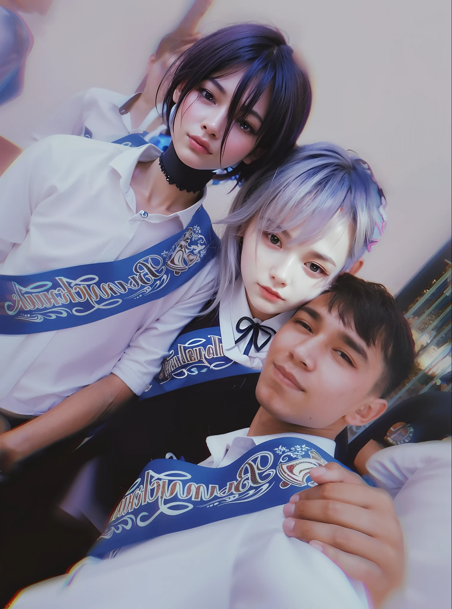 1boy and 2girl, boy black hair,
