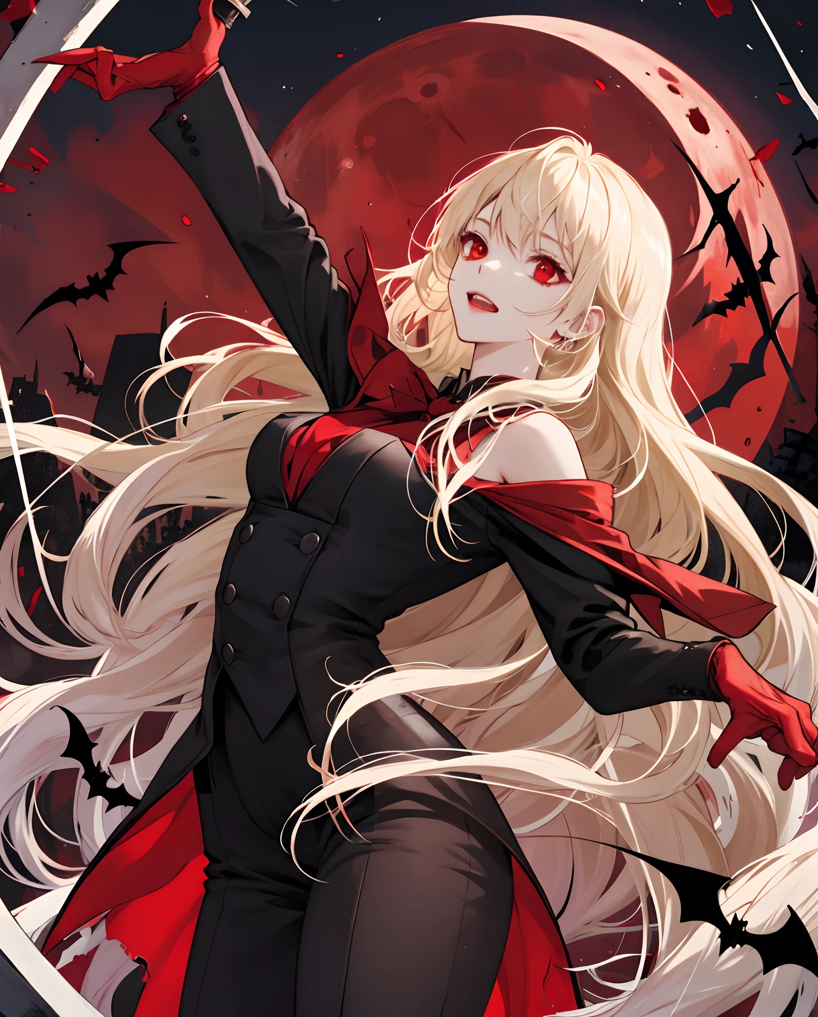 vampire girl, shoulder-length blond hair, big eyes, serious look, stands, A dagger in one hand, In the other hand is a rose, She is dressed in a red leather suit, Behind a swarm of bats