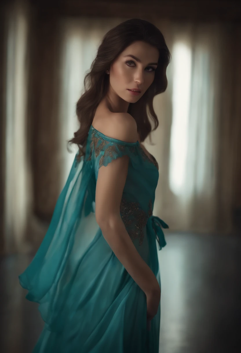 "(best quality,4k,8k,highres,masterpiece:1.2), ultra-detailed, young brunette girl, beautiful detailed blue eyes, slim figure, shy face, wide angle view, light clothing, nightgown, lingerie, light makeup", Carnal desire