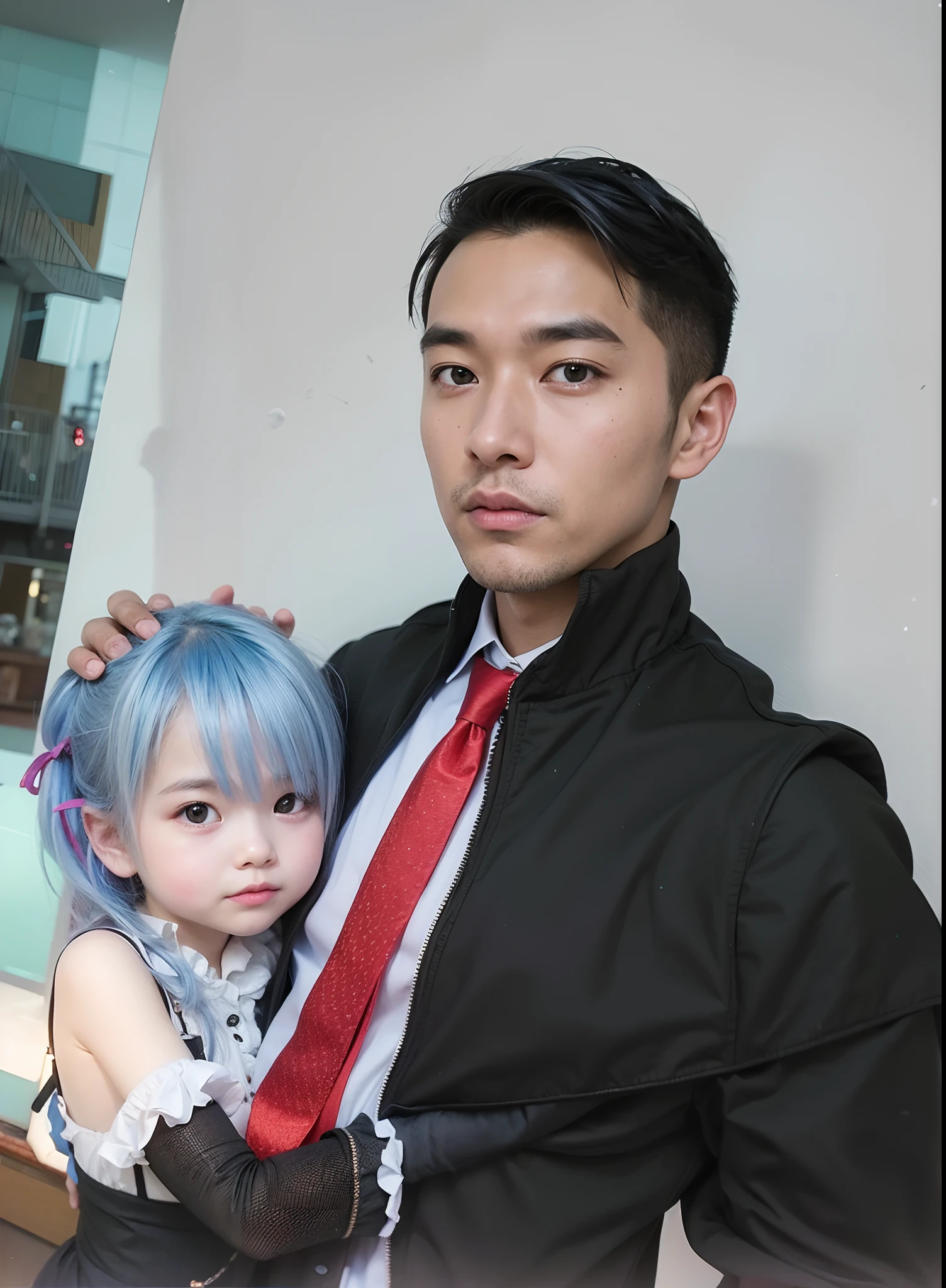 1boy and 1girl, black hair boy, light blue hair girl,