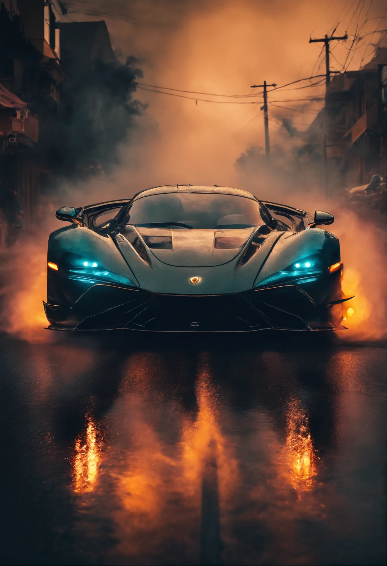super car, hyper car, futuristic beast sports car driving through smoke and fire, dark movie, moody tones, cinematic, rain, street