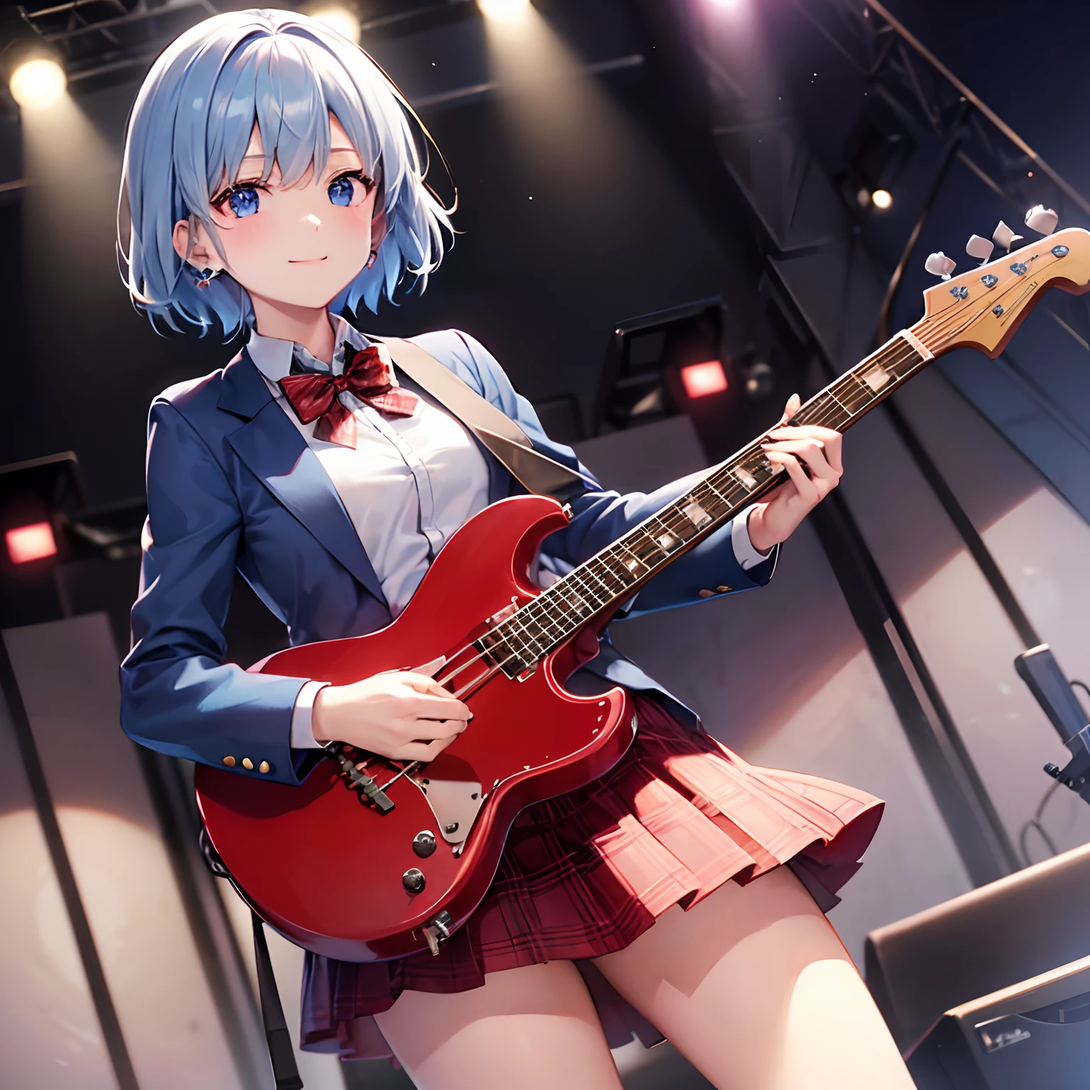 one girls、concert hall、short-hair、pale blue hair、blue eyess、blazers、(Plain white shirt)、(red bowtie)、(Red plaid skirt)、Black stockings、A smile、red tide、hightquality、best qualtiy、Playing bass guitar、perspiring
