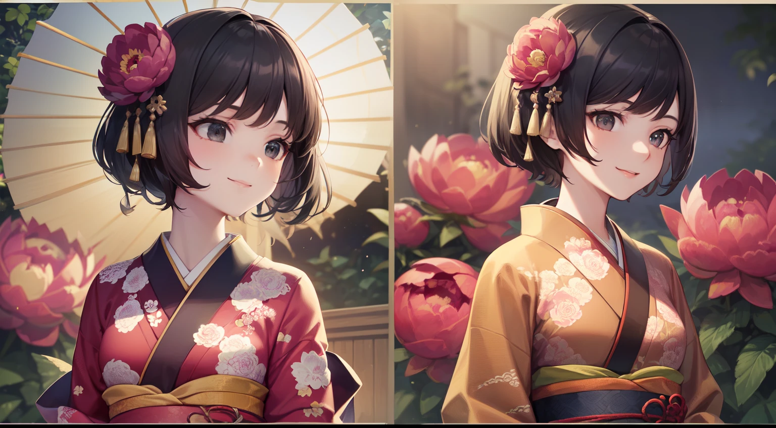 (Best Quality)), (Masterpiece), (Sharpness), 32k, (Best Quality Depiction), (Best Quality), Art, Detailed and Detailed CG Art, Detailed Human Body, Gentle Sunlight: 1.3, (Perfect Anatomy), (Flawless Body Depiction), Golden Ratio, Depiction of Perfect Woman, 1 Woman, (Japan Adult Female in Early Twenties), (Lustrous Black Hair, Short Hair: 1.1), ( Beautiful black eyes shiny),(Beautiful face with detailed detail), (Small:1.3), (Perfect kimono with detailed and detailed:1.4,Peony pattern,No exposure:1.6), (Staring into the distance,Smile:1.3), Japanese style garden:1.2,Small bird,Wind manipulation:0.7