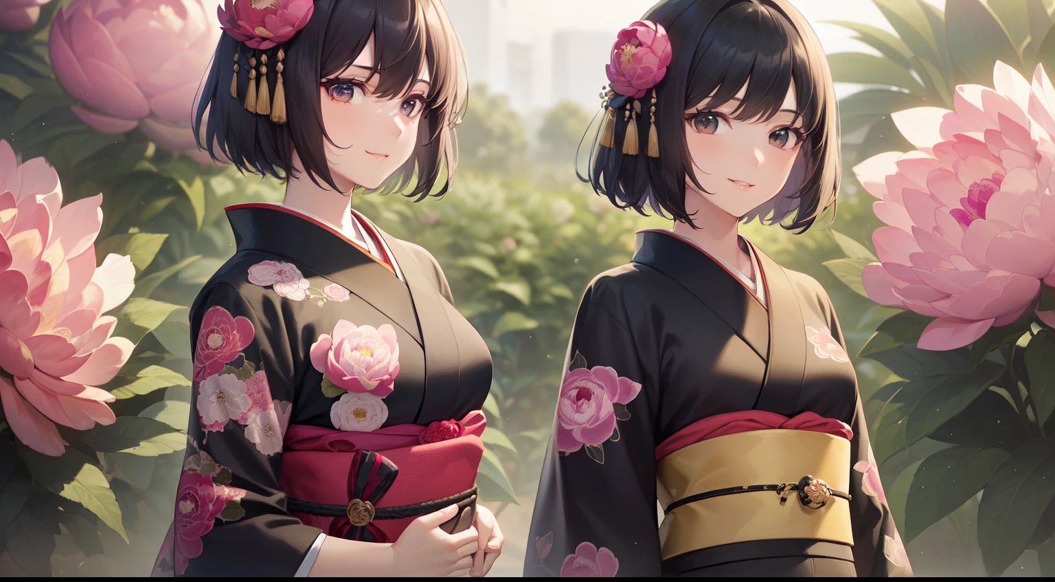(Best Quality)), (Masterpiece), (Sharpness), 32k, (Best Quality Depiction), (Best Quality), Art, Detailed and Detailed CG Art, Detailed Human Body, Gentle Sunlight: 1.3, (Perfect Anatomy), (Flawless Body Depiction), Golden Ratio, Depiction of Perfect Woman, 1 Woman, (Japan Adult Female in Early Twenties), (Lustrous Black Hair, Short Hair: 1.1), ( Beautiful black eyes shiny),(Beautiful face with detailed detail), (Small:1.3), (Perfect kimono with detailed and detailed:1.4,Peony pattern,No exposure:1.6), (Staring into the distance,Smile:1.3), Japanese style garden:1.2,Small bird,Wind manipulation:0.7