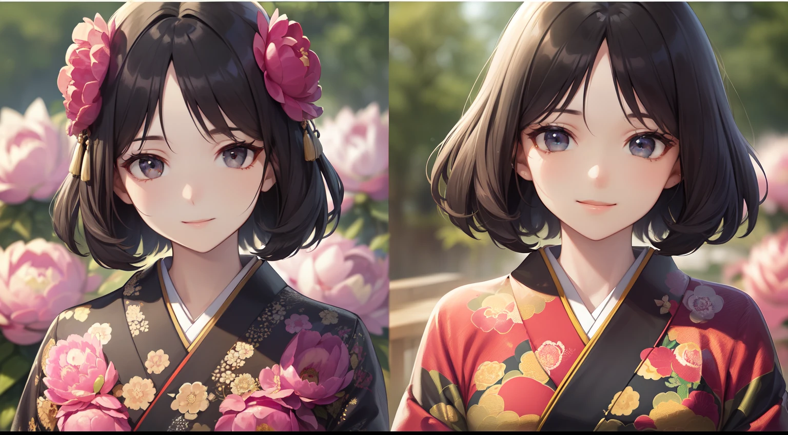 (Best Quality)), (Masterpiece), (Sharpness), 32k, (Best Quality Depiction), (Best Quality), Art, Detailed and Detailed CG Art, Detailed Human Body, Gentle Sunlight: 1.3, (Perfect Anatomy), (Flawless Body Depiction), Golden Ratio, Depiction of Perfect Woman, 1 Woman, (Japan Adult Female in Early Twenties), (Lustrous Black Hair, Short Hair: 1.1), ( Beautiful black eyes shiny),(Beautiful face with detailed detail), (Small:1.3), (Perfect kimono with detailed and detailed:1.4,Peony pattern,No exposure:1.6), (Staring into the distance,Smile:1.3), Japanese style garden:1.2,Small bird,Wind manipulation:0.7