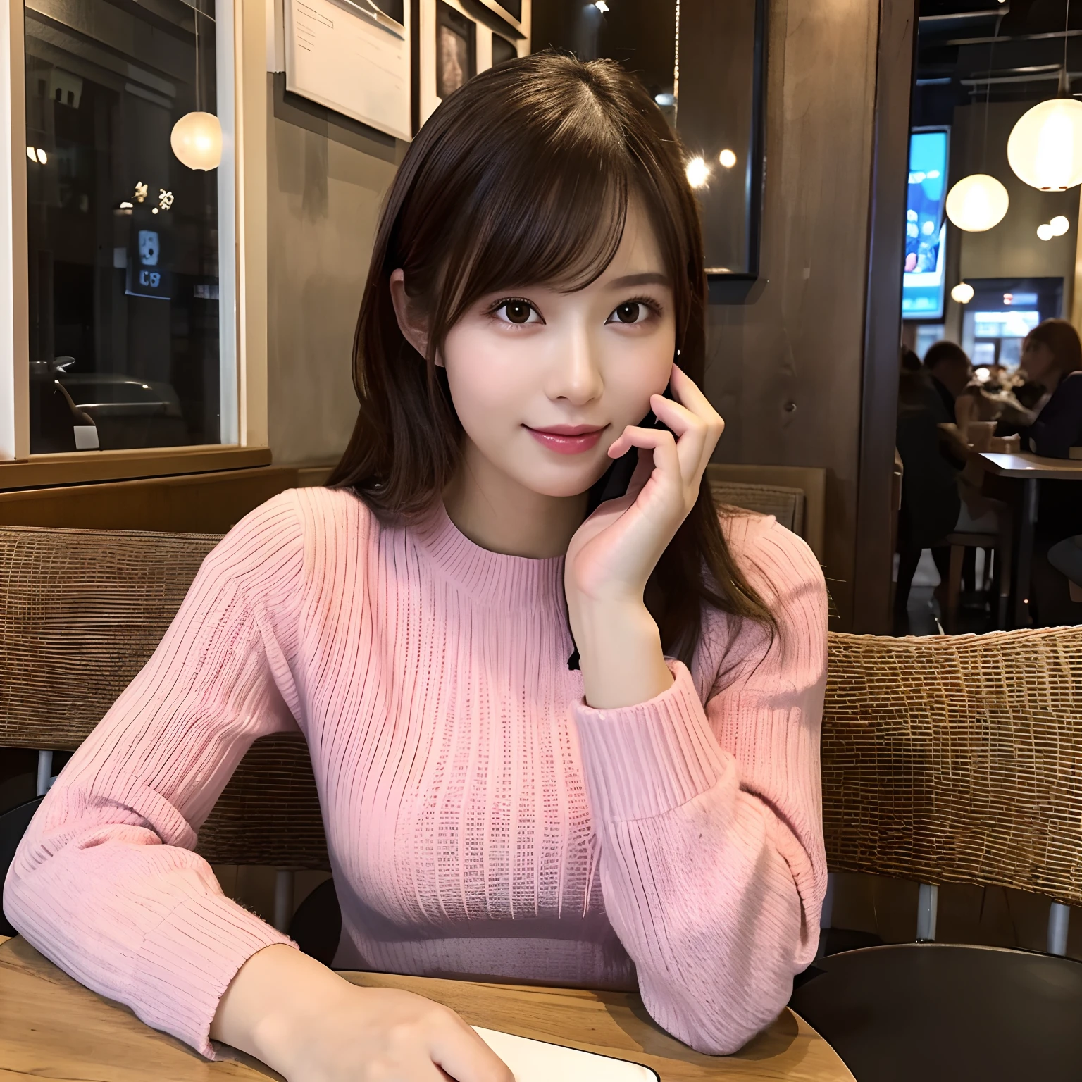 (Best Quality,4K,8K,hight resolution,masutepiece:1.2),Ultra-detailed,(Realistic,Photorealistic,Photorealsitic:1.37),cute-style,Pleated skirt,dian,Dribbling High Detail 8K,Studio Lighting - V 6,Woman in pink sweater using mobile phone at drink table, checking her phone, she is holding a smartphone, checking her cell phone, sitting in a cafe alone, Smartphone Photos, Vibrant and vivid, sitting in a cafe, vibrant aesthetic, lofi-girl, by Emma Andijewska, sitting alone in a cafe, in coffee shop, by Joe Bowler
