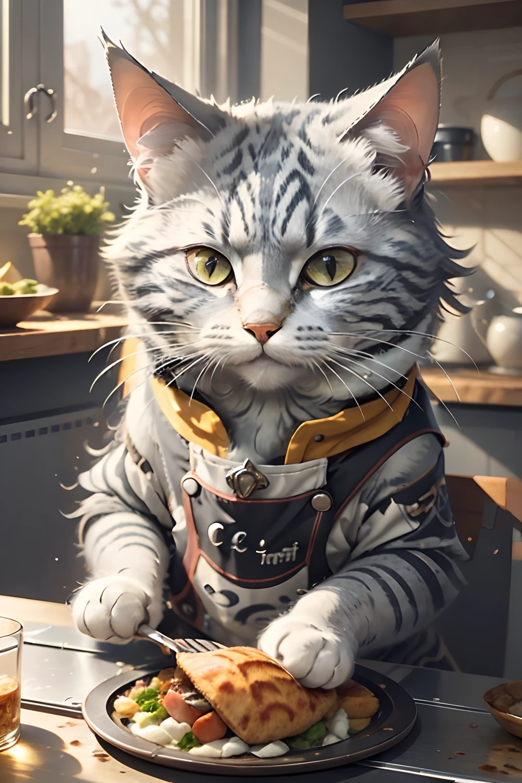 Close-up photo (Gray tabby cat preparing food on table:1.2), (c4ttitude:1.3), in glasstech kitchen, Surreal and intricate details, (nebulous:1.1), Baixiao perspective