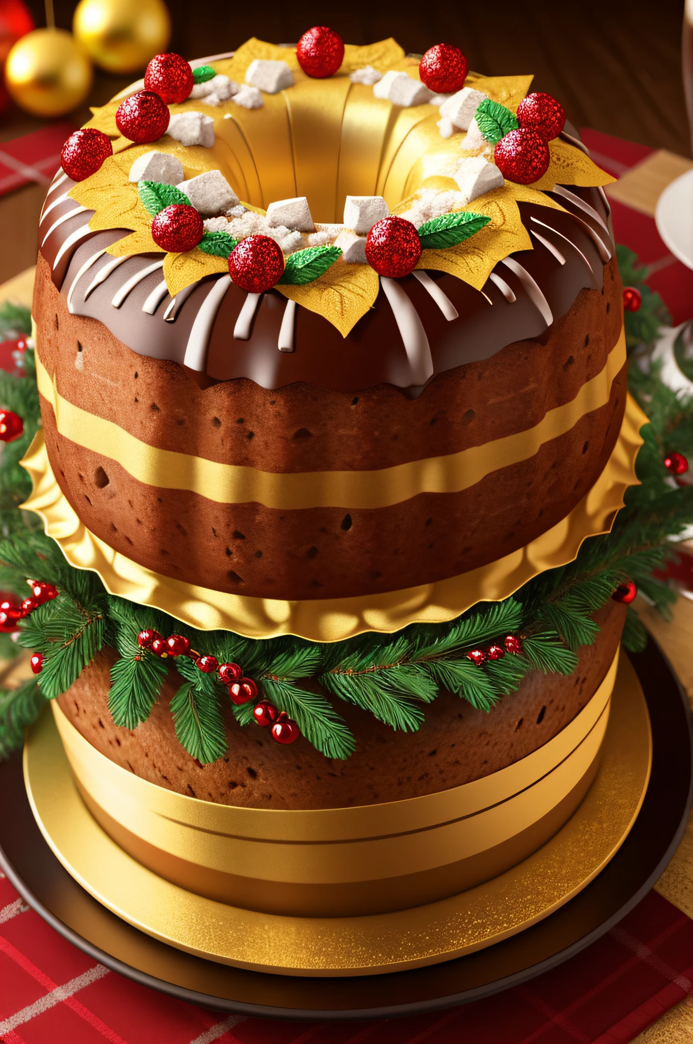 Panettone de Natal, em cima da mesa natalina, (UHD), (8k), (Ultra realista), (cores vivas), (..3d), (Photo of the entire scenery)