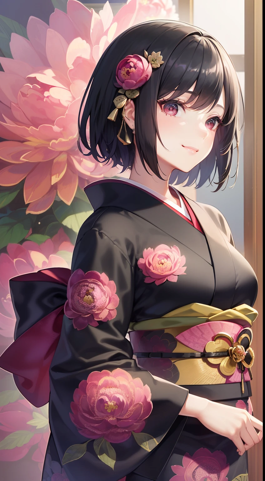 (Best Quality)), (Masterpiece), (Sharpness), 32k, (Best Quality Depiction), (Best Quality), Art, Detailed and Detailed CG Art, Detailed Human Body, Gentle Sunlight: 1.3, (Perfect Anatomy), (Flawless Body Depiction), Golden Ratio, Depiction of Perfect Woman, 1 Woman, (Japan Adult Female in Early Twenties), (Lustrous Black Hair, Short Hair: 1.1), ( Beautiful black eyes shiny),(Detailed and detailed beautiful face), (Small:1.3), (Detailed and detailed beautiful perfect kimono:1.4,Peony pattern,No exposure:1.6), (Staring into the distance,Smile:1.3), Japanese style garden:1.2,Little bird 1:,Wind operation:0.7