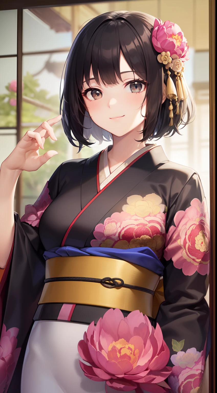 (Best Quality)), (Masterpiece), (Sharpness), 32k, (Best Quality Depiction), (Best Quality), Art, Detailed and Detailed CG Art, Detailed Human Body, Gentle Sunlight: 1.3, (Perfect Anatomy), (Flawless Body Depiction), Golden Ratio, Depiction of Perfect Woman, 1 Woman, (Japan Adult Female in Early Twenties), (Lustrous Black Hair, Short Hair: 1.1), ( Beautiful black eyes shiny),(Detailed and detailed beautiful face), (Small:1.3), (Detailed and detailed beautiful perfect kimono:1.4,Peony pattern,No exposure:1.6), (Staring into the distance,Smile:1.3), Japanese style garden:1.2,Little bird 1:,Wind operation:0.7