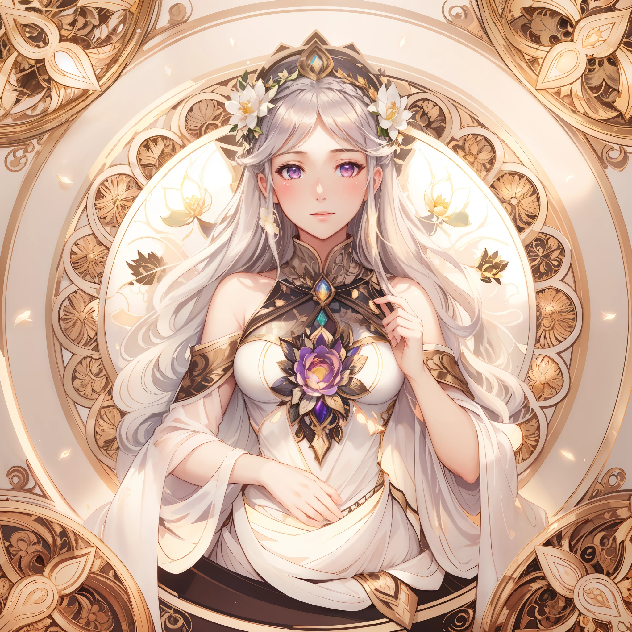 a drawing of a woman with long hair and a flower in her hair, Goddess. Extremely high detail, Refined art,Lotus Princess, (Best quality,8K,Extreme detail,Photorealistic:1.2),Delicate lilac branches,Translucent,Divine light,Spectacular spectrum,Glowing petals,glimmering,Dark-toned background,transparent droplets,reflective light,vibrant,Bloom rays,lightwave,Silhouette portrait,Sharp focus,mistic,complex,Hyperrealistic,Fantastical,composition,Ethereal,ArtStation Trends,Pearlescent luster,Hazy silver guardian clouds,Corroded enveloping ray family,Unreal AR 23v4 Dome Light,