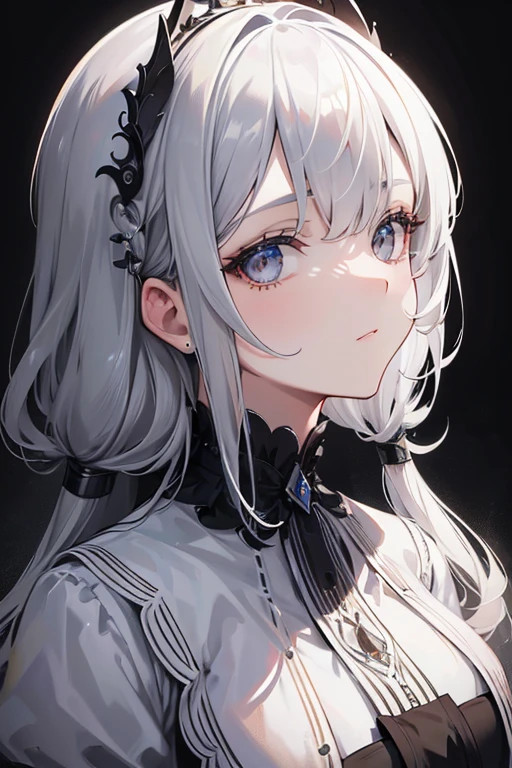 Highly detailed, 8K, Masterpiece, 1girll, Grey bicolor_Hair, dress , , (Perfect_face), opulent, Intricate, Dramatic lighting, 4K, Detailed_Background, Caustics, Portrait, , From_Side