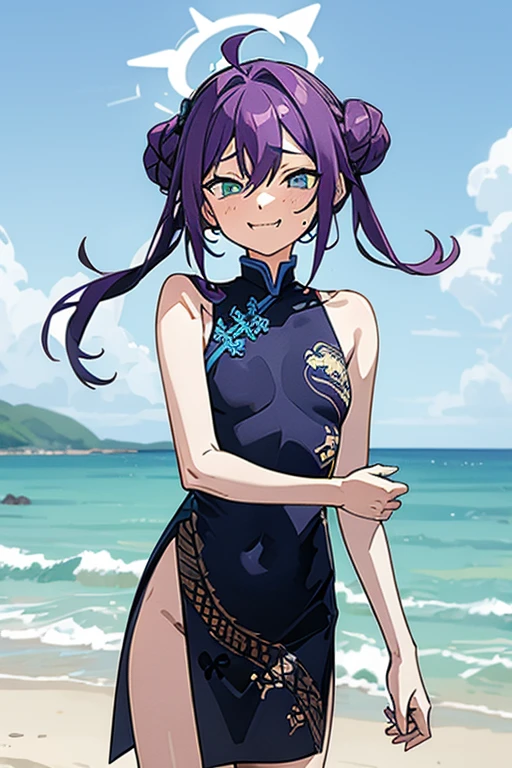 long hair, mole under mouth, purple hair, twintails, hair between eyes, aqua eyes, sharp teeth, ahoge, blush, smile, cowboy shot, hairbuns, 1girl, solo, small breasts, halo, seaside, blue sky, china dress, bare arms