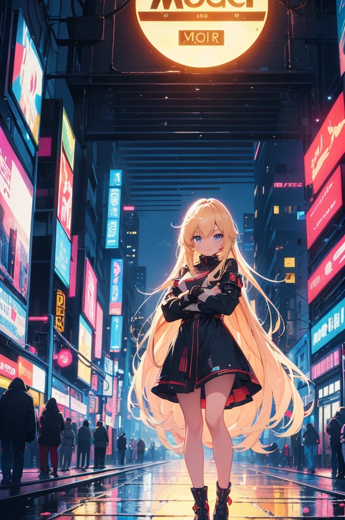 masterpiece, best quality, 1girl, long blonde hair with bangs, solo, night, colorful, cityscape, cyberpunk, light smile, city pop, vector illustration