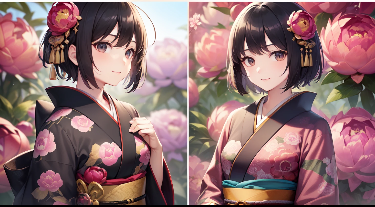 (Best Quality)), (Masterpiece), (Sharpness), 32k, (Best Quality Depiction), (Best Quality), Art, Detailed and Detailed CG Art, Detailed Human Body, Gentle Sunlight: 1.3, (Perfect Anatomy), (Flawless Body Depiction), Golden Ratio, Depiction of Perfect Woman, 1 Woman, (Japan Adult Female in Early Twenties), (Lustrous Black Hair, Short Hair: 1.1), ( Beautiful black eyes shiny),(Detailed and detailed beautiful face), (Small:1.3), (Detailed and detailed beautiful perfect kimono:1.4,Peony pattern,No exposure:1.6), (Staring into the distance,Smile:1.3), Outdoor,Japanese style garden:1.2,Little bird 1.3:,Wind operation:0.7