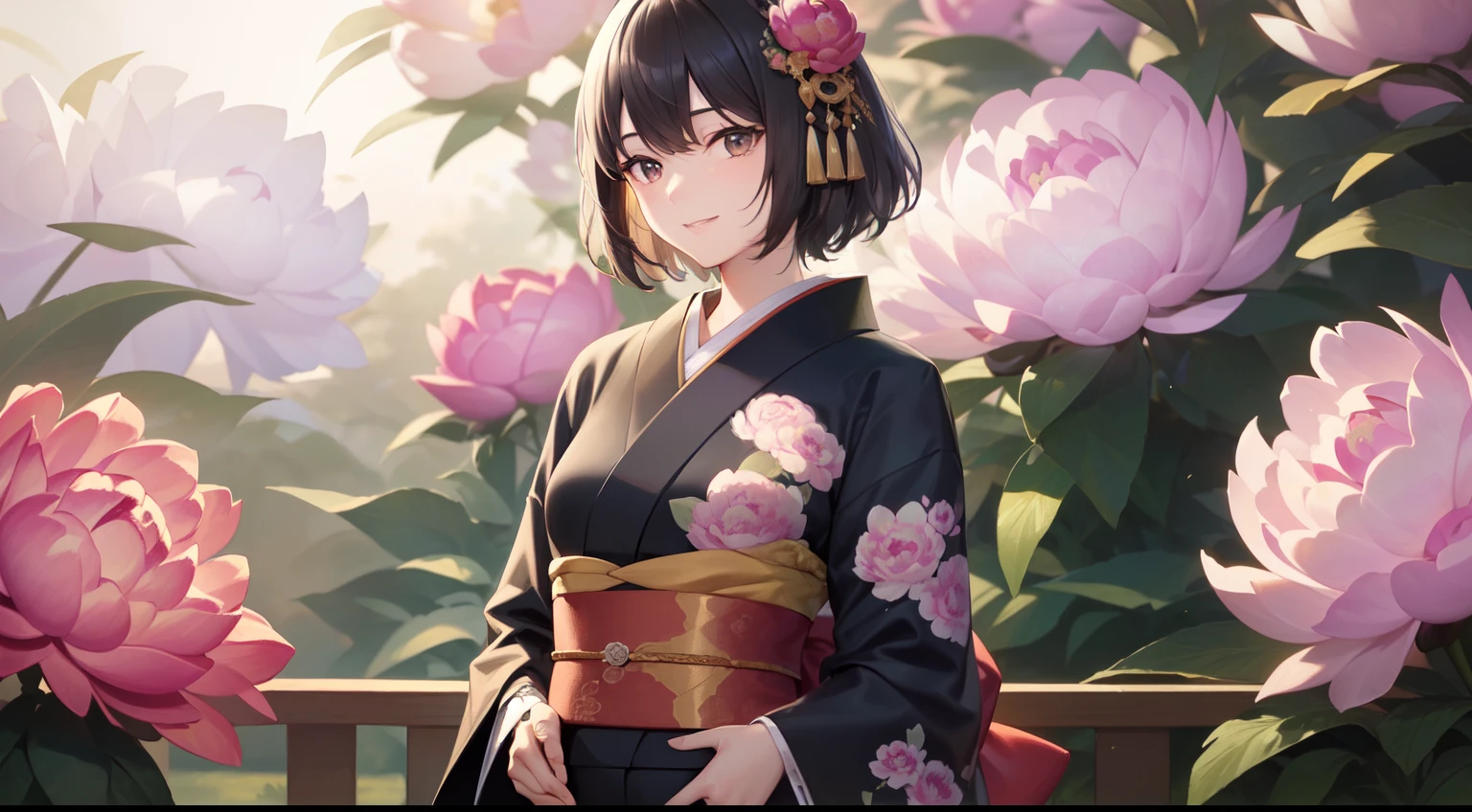 (Best Quality)), (Masterpiece), (Sharpness), 32k, (Best Quality Depiction), (Best Quality), Art, Detailed and Detailed CG Art, Detailed Human Body, Gentle Sunlight: 1.3, (Perfect Anatomy), (Flawless Body Depiction), Golden Ratio, Depiction of Perfect Woman, 1 Woman, (Japan Adult Female in Early Twenties), (Lustrous Black Hair, Short Hair: 1.1), ( Beautiful black eyes shiny),(Detailed and detailed beautiful face), (Small:1.3), (Detailed and detailed beautiful perfect kimono:1.4,Peony pattern,No exposure:1.6), (Staring into the distance,Smile:1.3), Outdoor,Japanese style garden:1.2,Little bird 1.3:,Wind operation:0.7