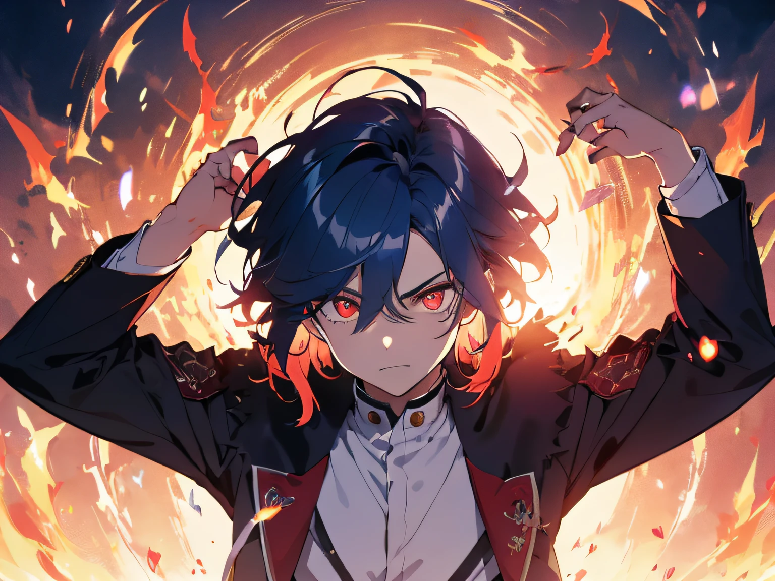 (ultra-detailed, perfect pixel, highres, best quality, beautiful eyes finely detailed), 19 years old boy, have power like demon god in manhwa, full of demonic aura, angry facial expression, red eye color (glowing red eyes), blue hair (half of his hair covered with blue flame), with aristocrat style outfit, elegant, detective, realistic fire, the background is full of magical particles and realistic blue fire. lens flare, glowing light, reflection light, motion blur, 8k, super detail, ccurate, best quality, Ray tracing.