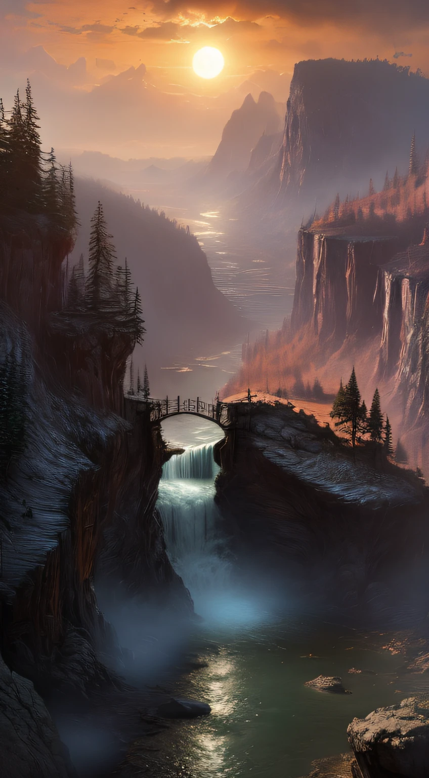 (A magical forest with streams and high waterfalls.:1.1), unreal-engine, cinmatic lighting, concept-art, Chiaroscuro, depth of fields, hyper HD, ((super detailing, high high quality, best qualityer, precise, 16k)),1772 pixels - 1280 pixels, Natural scenery, do lado de fora, hdr, opulent, high detal, intricately details, Hipper de Tahado:1.15, detailedbackground, water and paint, (style of (greg rutkovsky:1.0) big breasts and big breasts (Darek Zabrocki:0.8) big breasts and big breasts (Andreas Rocha:0.8):1.2), Huge rocks, Sky with clouds, Lua, suns, planetes,