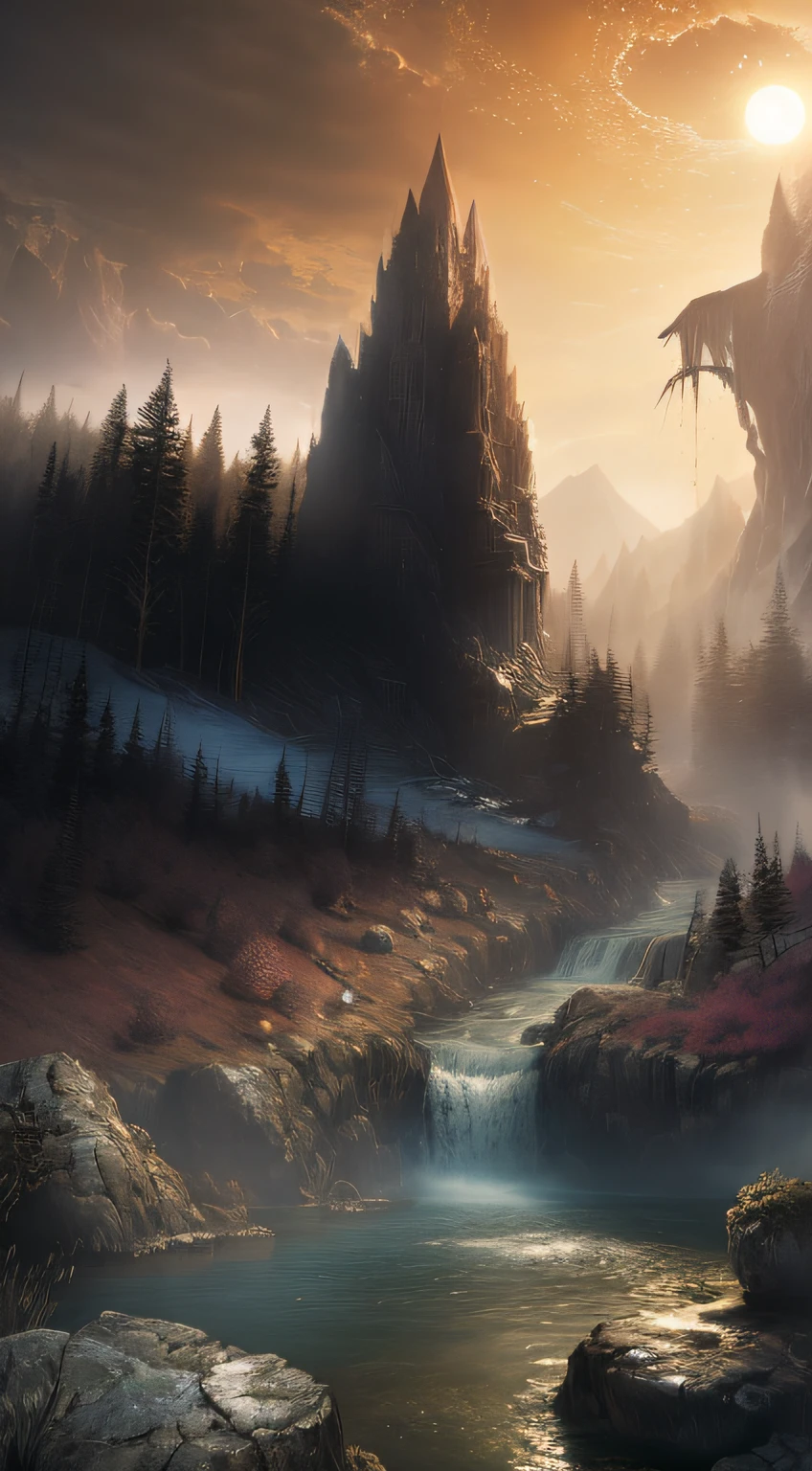 (A magical forest with streams and high waterfalls.:1.1), unreal-engine, cinmatic lighting, concept-art, Chiaroscuro, depth of fields, hyper HD, ((super detailing, high high quality, best qualityer, Precise, 16k)),1772 pixels - 1280 pixels, Natural scenery, do lado de fora, hdr, opulent, high detal, intricately details, Hippertahado:1.15, detailedbackground, water and paint, (style of (greg rutkovsky:1.0) Big breasts and big breasts (Darek Zabrocki:0.8) Big breasts and big breasts (Andreas Rocha:0.8):1.2), Huge rocks, Sky with clouds, Lua, suns, planetes,