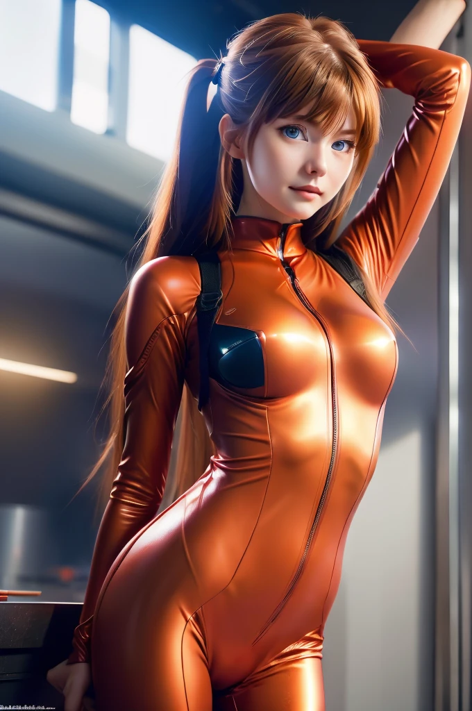 girl,ass,blue eyes,bodysuit,breasts,brown hair,full body,hand on own hip,index finger raised,long hair,looking at viewer,medium breasts,open mouth,plugsuit,pointing,red bodysuit,shiny clothes,simple background,skin tight,smile,transparent background,tsundere