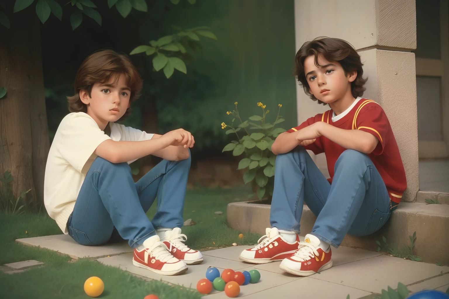 Year: ((1988)). Location: Northern Spain. two pre-raphaelite 11-year-old boys, disheveled hair, elementary school, recess, playing marbles, casual clothes, jeans, ((("OMITB" cinematography))), Wes Anderson style