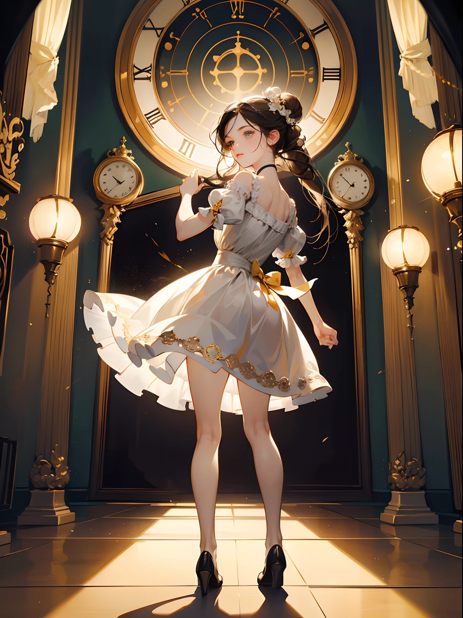 Clock, mechanical clock, clock, girl standing in front of the floor clock, retro, indoor, artistic, mysterious, jet black hair, long eyelashes, solid round eyes, feathered fangs, light brown hair, double hair bun, halo mirror, hair ribbon, hair flower, hair accessories hair bow, bell, surrealism, shadow, stereo, standing, perspective, atmospheric perspective, Rococo style, Renaissance, Neoclassicism, Gothic art, Baroque, depth of field, light meaning, Cinematic lighting, divine light, first person perspective, vanishing point, lens flare, blurring, wide-angle, f/1.2, line of sight horizontal shooting, 35mm, Fuji film, Fuji color, 8K, super detail, accurate, best quality, ultra high definition, retina, masterpiece, anatomical structure correct, textured skin