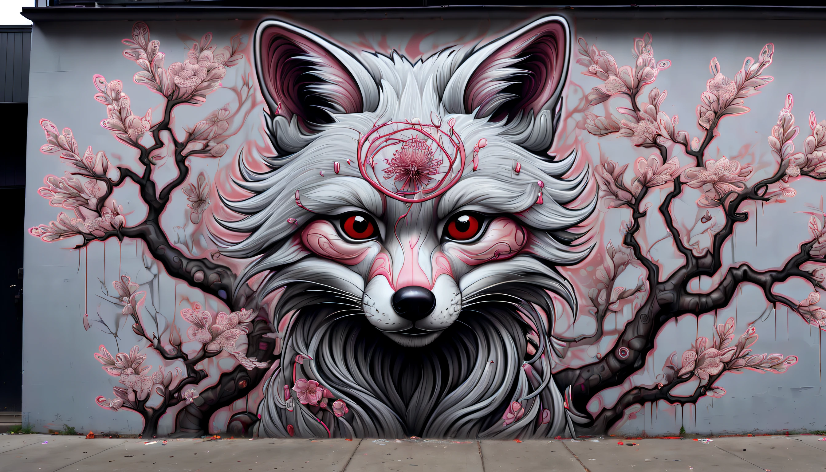 Hyperdetailed fuzzy-logic street art by (swoon : nychos: .5) entitled ("The silver fox called Cherry Blossom"), Radiant, (koan), matte, organic, understated, (meditative: 1.2), (harmonic), cerebral, (interconnected), (introspective), psyche, balanced and reciprocal, recursive, super-symmetry, [labyrinth], concept