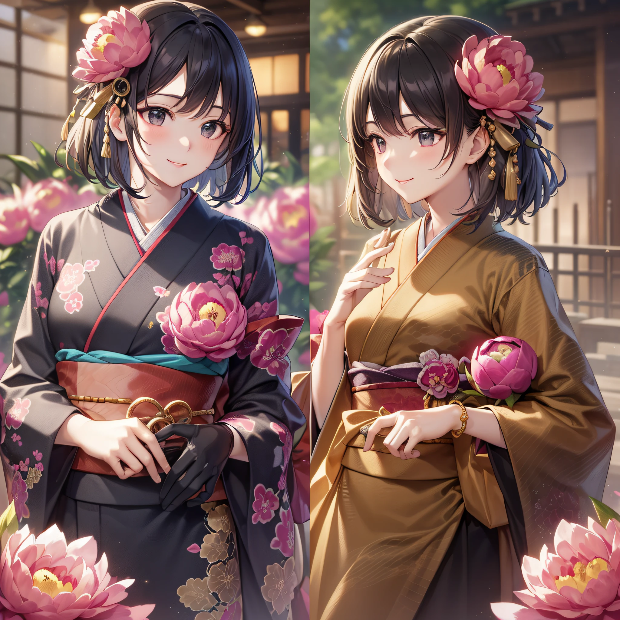 (Best Quality)), (Masterpiece), (Sharpness), 32k, (Best Quality Depiction), (Best Quality), Art, Detailed and Detailed CG Art, Detailed Human Body, Gentle Sunlight: 1.3, (Perfect Anatomy), (Flawless Body Depiction), Golden Ratio, Depiction of Perfect Woman, 1 Woman, (Japan Adult Female in Early Twenties), (Lustrous Black Hair, Short Hair: 1.1), ( Beautiful black eyes shiny),(Detailed and detailed beautiful face), (Small:1.3), (Detailed and detailed beautiful perfect kimono:1.4,Peony pattern,No exposure:1.6), (Staring into the distance,Smile:1.3), Outdoor,Japanese style garden:1.2,Little bird 1.3:,Wind operation:0.7