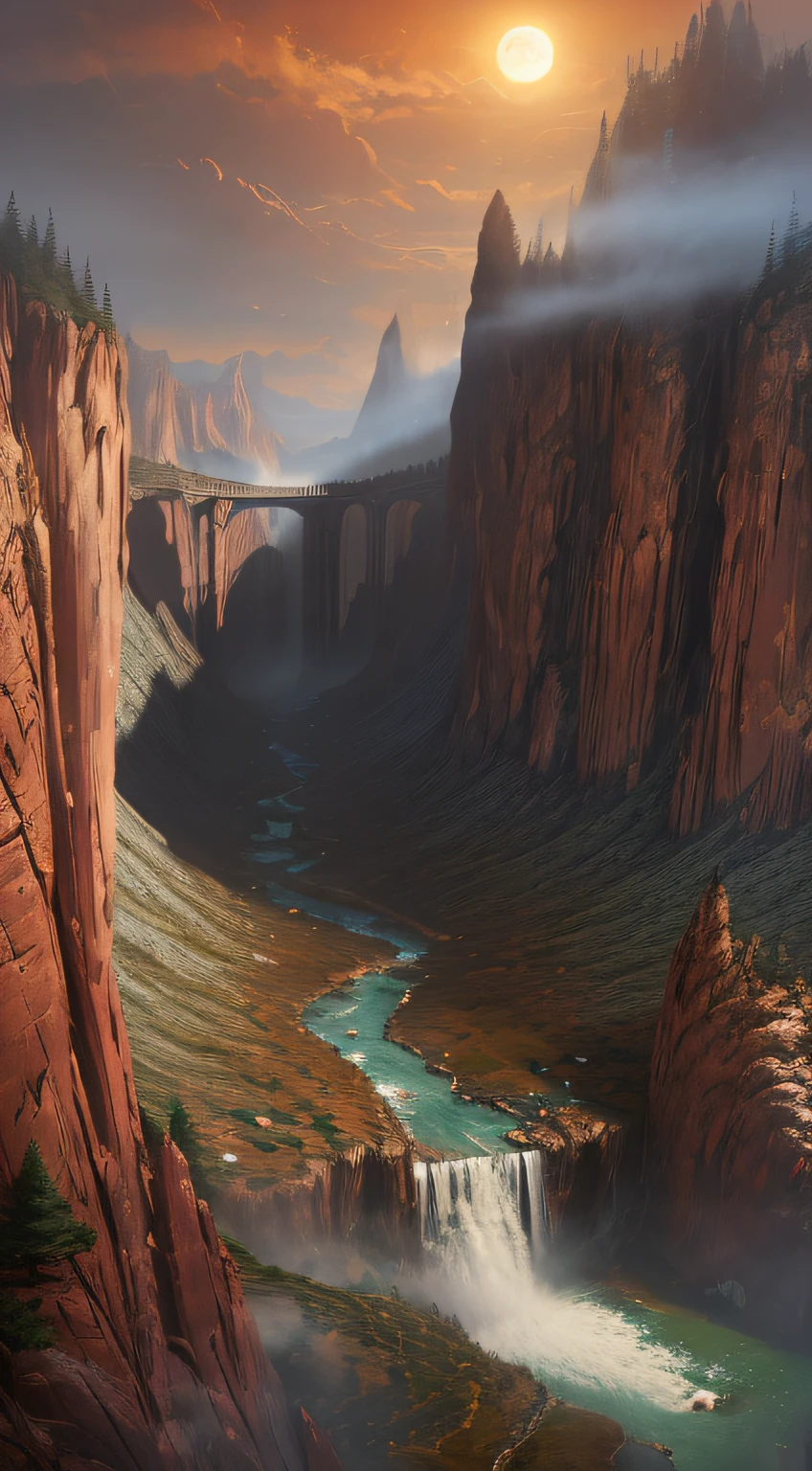 (A magical forest with streams and high waterfalls.:1.1), unreal-engine, cinmatic lighting, concept-art, Chiaroscuro, depth of fields, hyper HD, ((super detailing, high high quality, best qualityer, Precise, 16k)),1772 pixels - 1280 pixels, Natural scenery, do lado de fora, hdr, opulent, high detal, intricately details, Hippertahado:1.15, detailedbackground, water and paint, (style of (greg rutkovsky:1.0) Big breasts and big breasts (Darek Zabrocki:0.8) Big breasts and big breasts (Andreas Rocha:0.8):1.2), Huge dark red rocks, Sky with clouds, Lua, suns, planetes,
