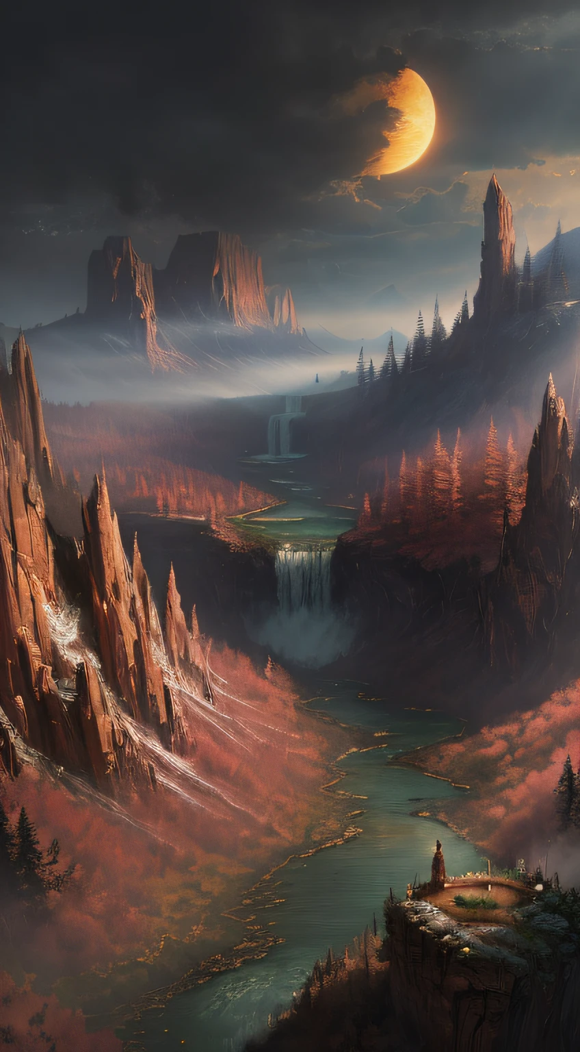 (A magical forest with streams and high waterfalls.:1.1), unreal-engine, cinmatic lighting, concept-art, Chiaroscuro, depth of fields, hyper HD, ((super detailing, high high quality, best qualityer, Precise, 16k)),1772 pixels - 1280 pixels, Natural scenery, do lado de fora, hdr, opulent, high detal, intricately details, Hippertahado:1.15, detailedbackground, water and paint, (style of (greg rutkovsky:1.0) Big breasts and big breasts (Darek Zabrocki:0.8) Big breasts and big breasts (Andreas Rocha:0.8):1.2), Huge dark red rocks, Sky with clouds, Lua, suns, planetes,