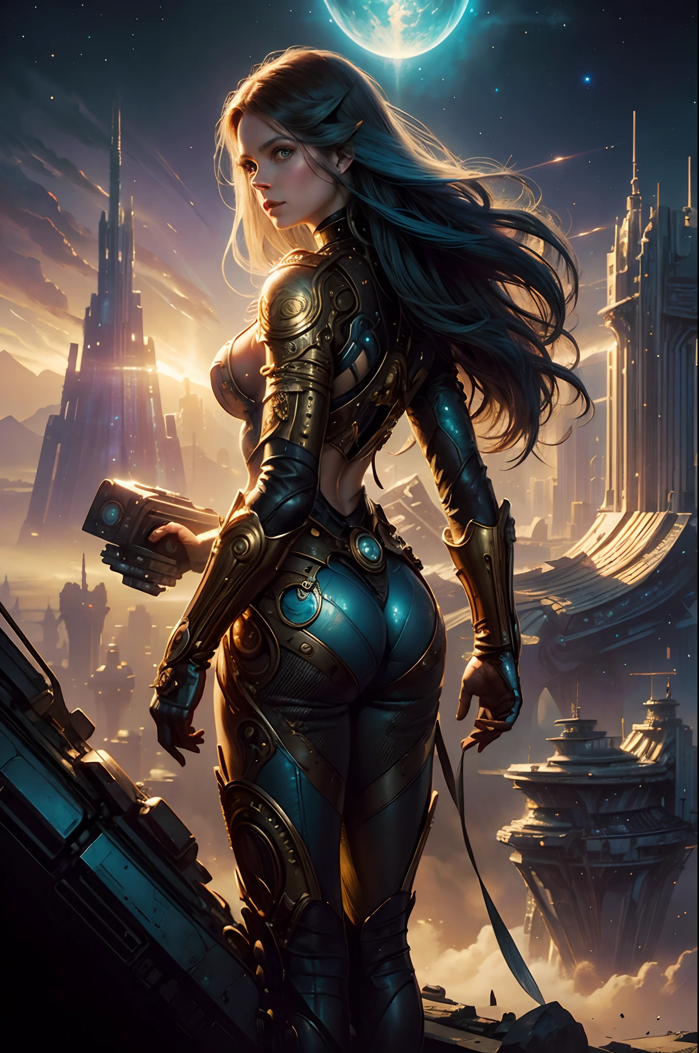 Future City, Universe, Technology, magic, boris vallejo and tom bagshaw, Prophet graphic novel, Cosmic artifacts, Inspired by Earl Norem, deep dream, awarded on cgsociety, looks a bit similar to amy adams, golden turquoise steampunk, anno 2070,reality,01