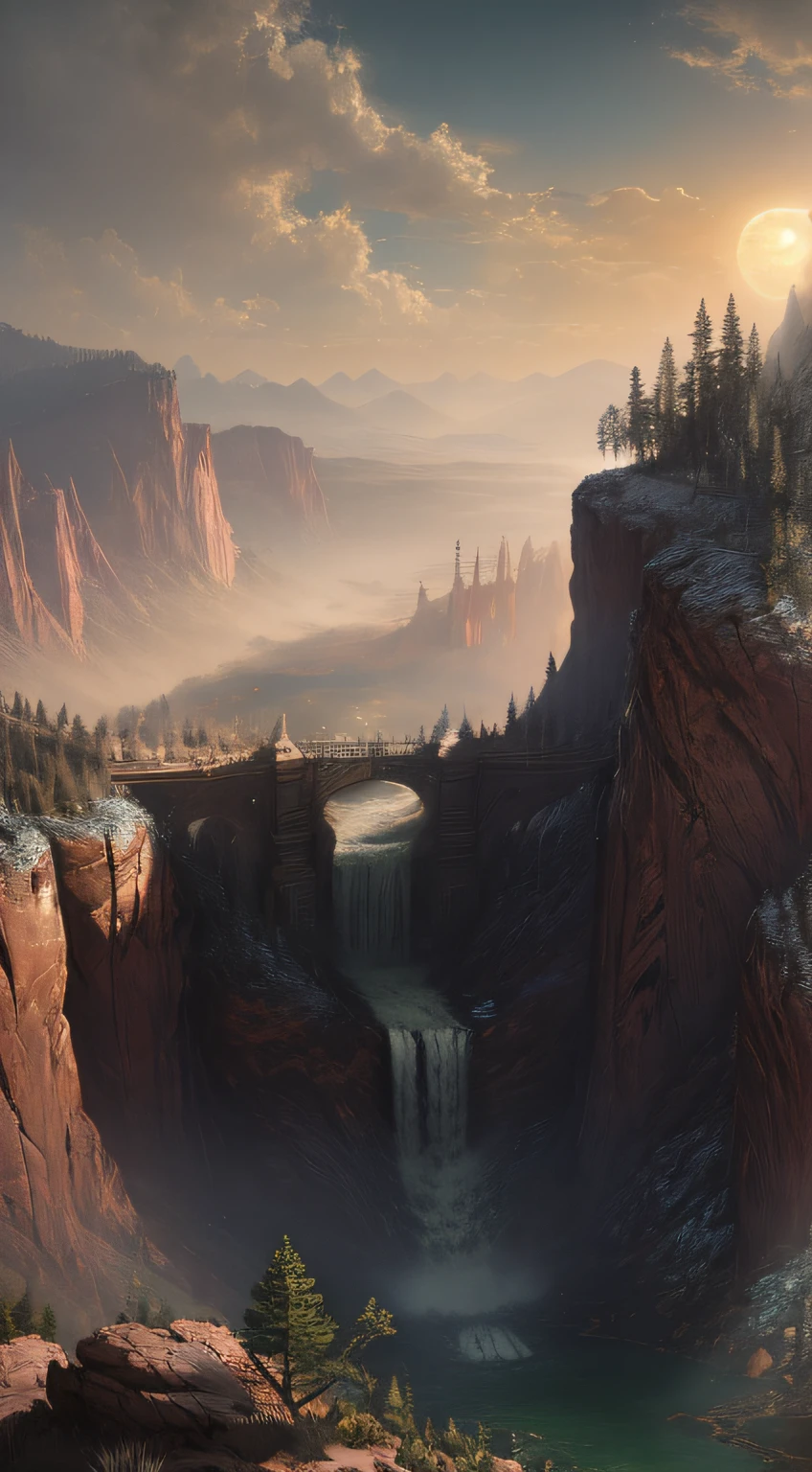 A magical forest with streams and high waterfalls.:1.1), unreal-engine, cinmatic lighting, concept-art, Chiaroscuro, depth of fields, hyper HD, ((super detailing, high high quality, best qualityer, precise, 16k)),1772 pixels - 1280 pixels, Natural scenery, do lado de fora, hdr, opulent, high detal, intricately details, Hipper de Tahado:1.15, detailedbackground, water and paint, (style of (greg rutkovsky:1.0) big breasts and big breasts (Darek Zabrocki:0.8) big breasts and big breasts (Andreas Rocha:0.8):1.2), Huge dark red rocks, Sky with clouds, Lua, suns, planetes,
