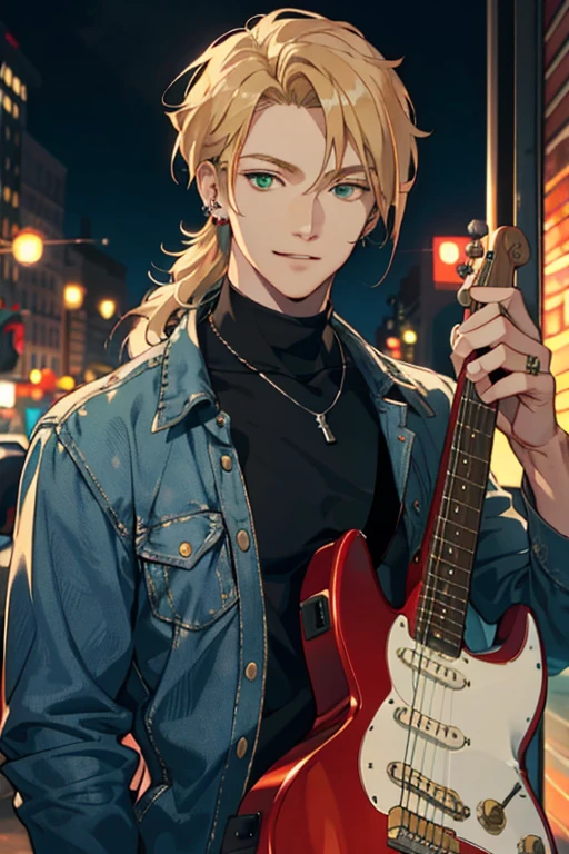 masterpiece, best quality, 1 male, adult, golden blonde hair, musician, soft features, grinning expression, green eyes, soft eyes, ((shaggy hair)), uhd, perfectly photorealistic, ((modern)), ((modern clothing)), city background, (playing electric guitar), city background, playful boy, long jeans, cozy, pretty boy, (loose clothing), happy expression, soft lighting, upper body focus, detailed eyes, detailed face, red and black color scheme, ear piercings, beaded necklace, ((lose clothing)), close up, soft features, muscular build, soft masculinity, round face, orange lighting, (evening), sunset, romantic lighting, ((loose flanel))