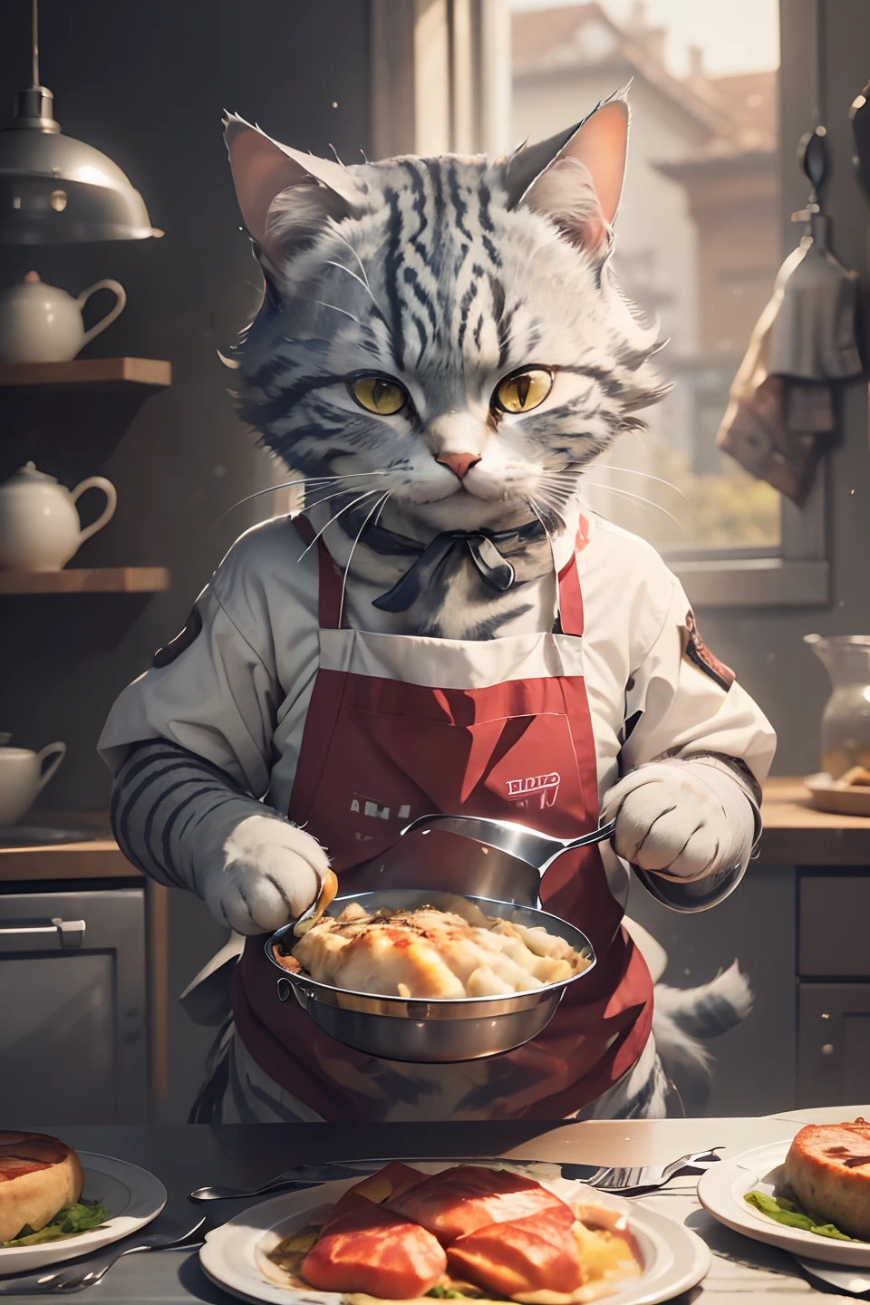 fotografia em close-up de (Gray tabby cat is preparing food on the table:1.2), (c4ttitude:1.3), na cozinha glasstech, detalhes hiper realistas e intrincados, (nebuloso:1.1), pov de baixo