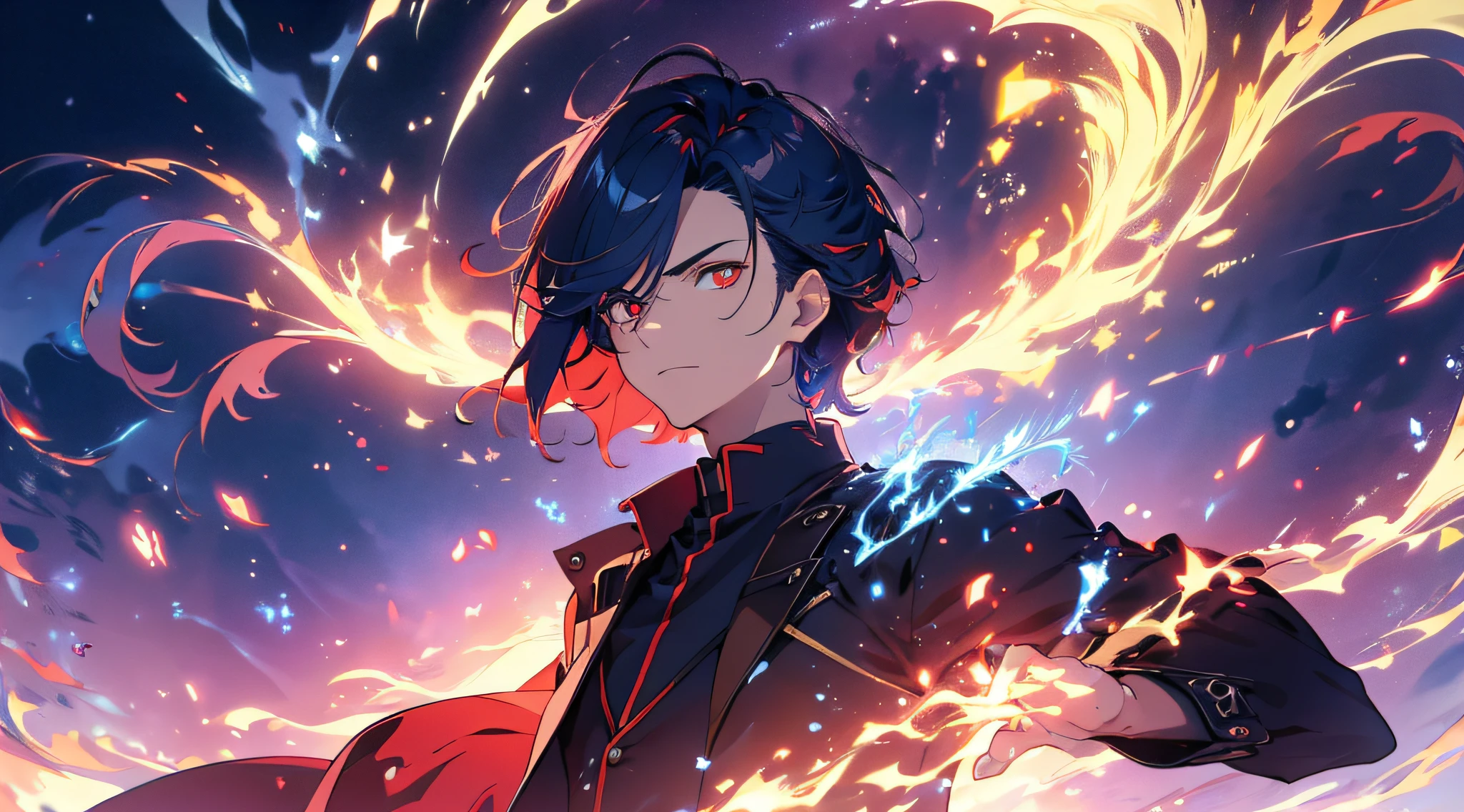 (ultra-detailed, perfect pixel, highres, best quality, beautiful eyes finely detailed), 19 years old boy, have power like demon god in manhwa, full of demonic aura, angry facial expression, red eye color (glowing red eyes), blue hair (half of his hair covered with blue flame), with aristocrat style outfit, elegant, detective, realistic fire, the background is full of magical particles and realistic blue fire. lens flare, glowing light, reflection light, motion blur, 8k, super detail, ccurate, best quality, Ray tracing.