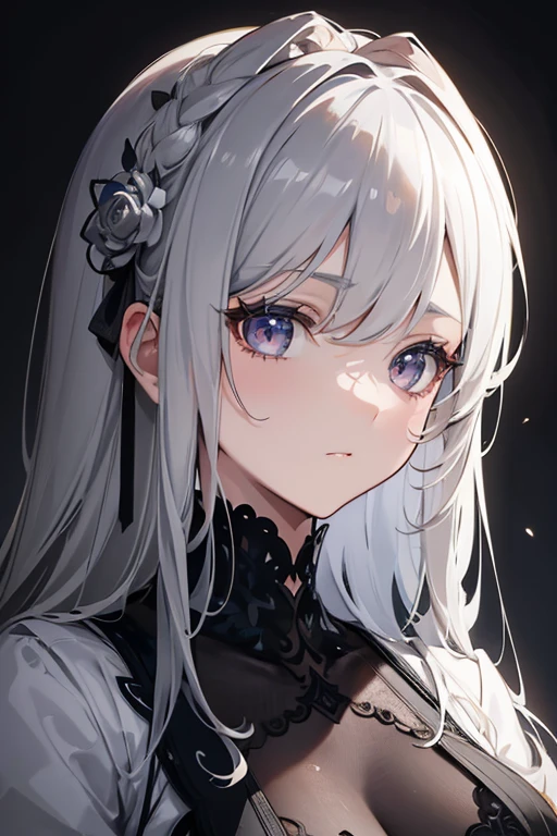 A pretty lady with long silver hair and black eyes, wearing a branded clothes, looking at you with a shyly, villa, modern era, close up.
