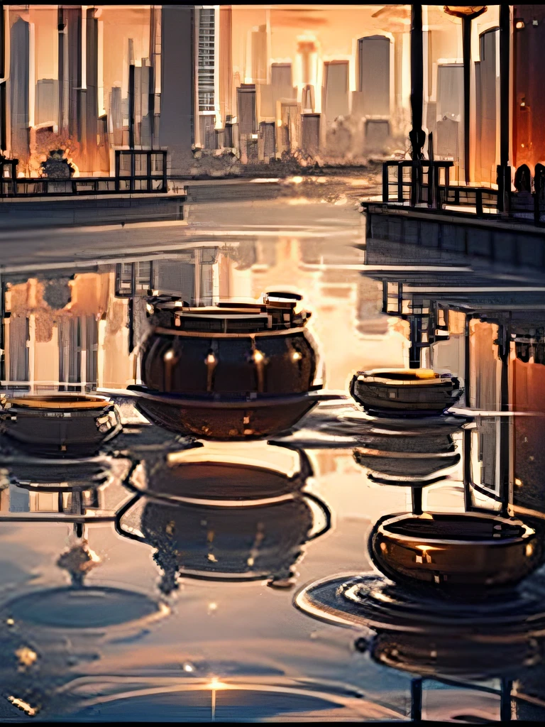 Lots of ceramic bottles jars,Opaque ceramic reflective,Compose the city,Surrounded by water,This is black,The world of water and ceramics in red and gold