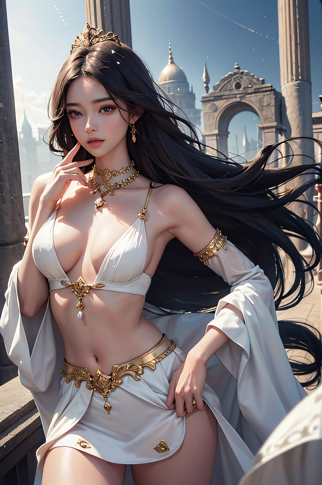 1girl in,goddes,Venus,delicate and beautiful face,length hair,flowy,full breast,Convex buttocks,Roman skirt,Perfectly proportioned, Detailed clothing details,temple,arena,Wonderland,Cinematic lighting, film grains, Fujicolor, light and darkcontrast, 8K, masterpiece, Textured skin, Super Detail, high detal, High quality, hight resolution,