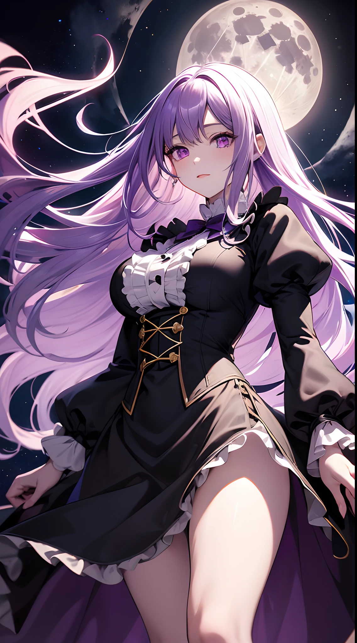 masutepiece, Best Quality, Extremely detailed, 1 IRL,Purple straight hair,Purple eyes,pale skin,Blouse with ruffles,Black Long Length Coat,Long magic wand,floating,Big full moon background,From below,Hyper realistic, Perfect Anatomy, Perfect five fingers